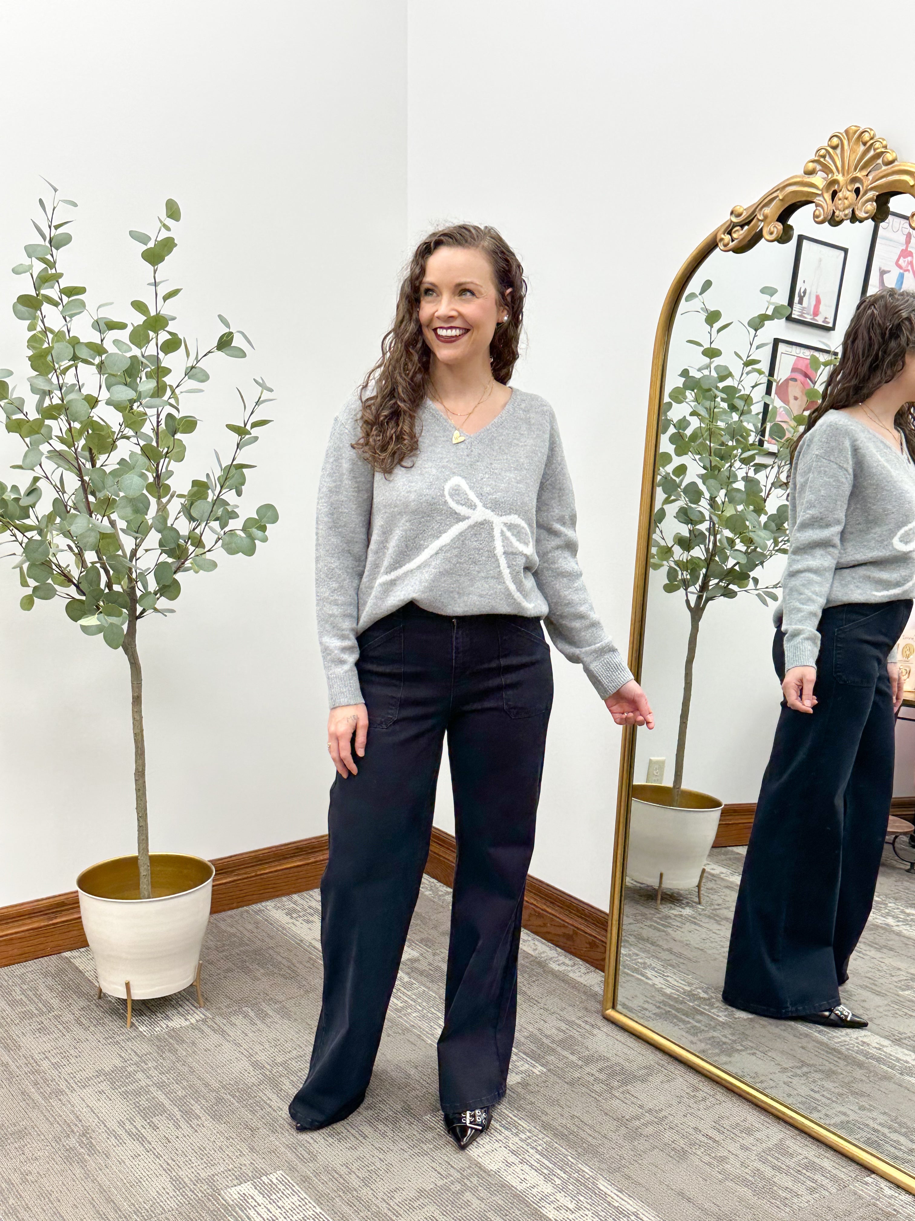 Gray V-Neck Bow Sweater