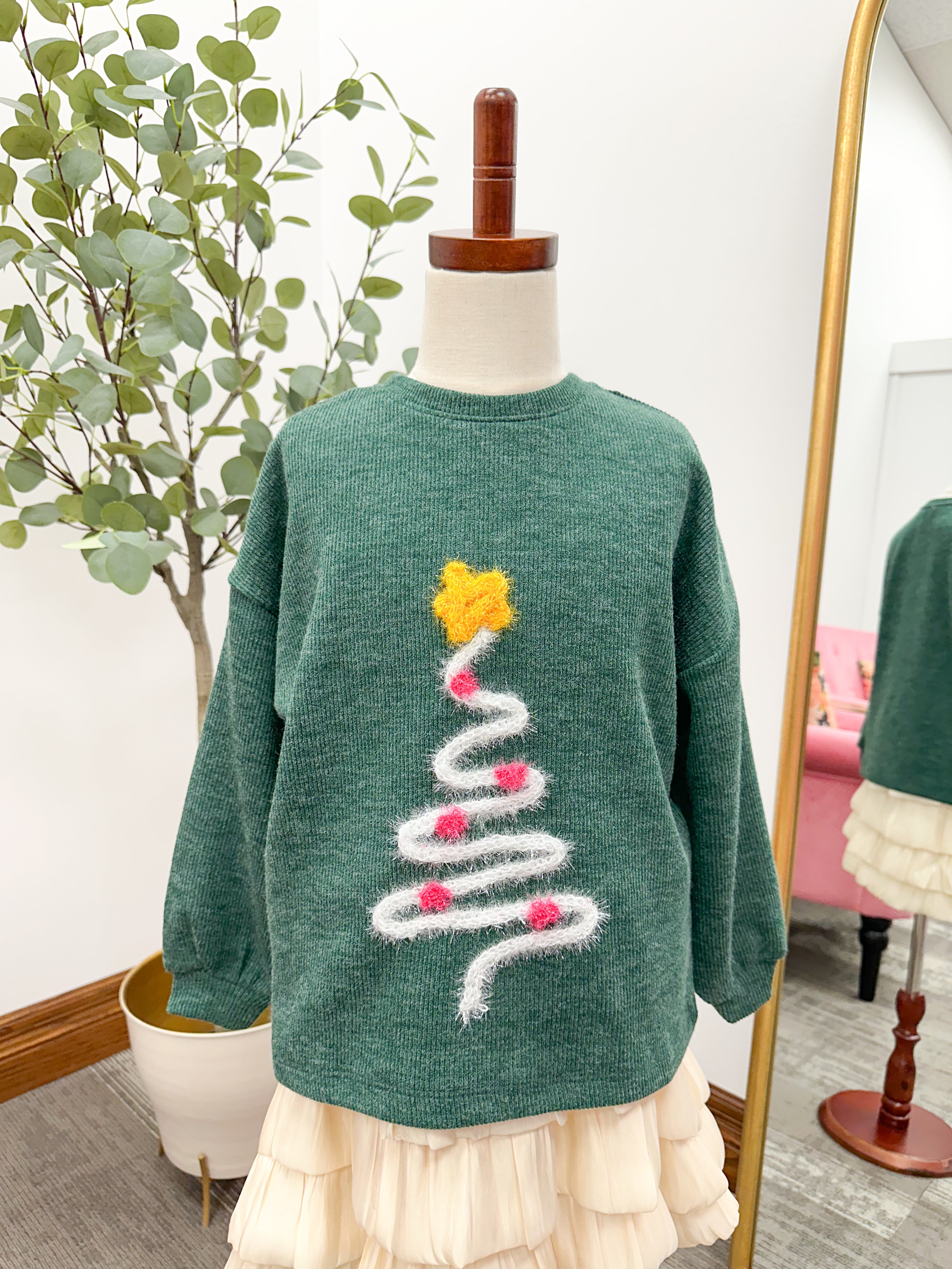 Girls Green Tinsel Christmas Tree Sweater