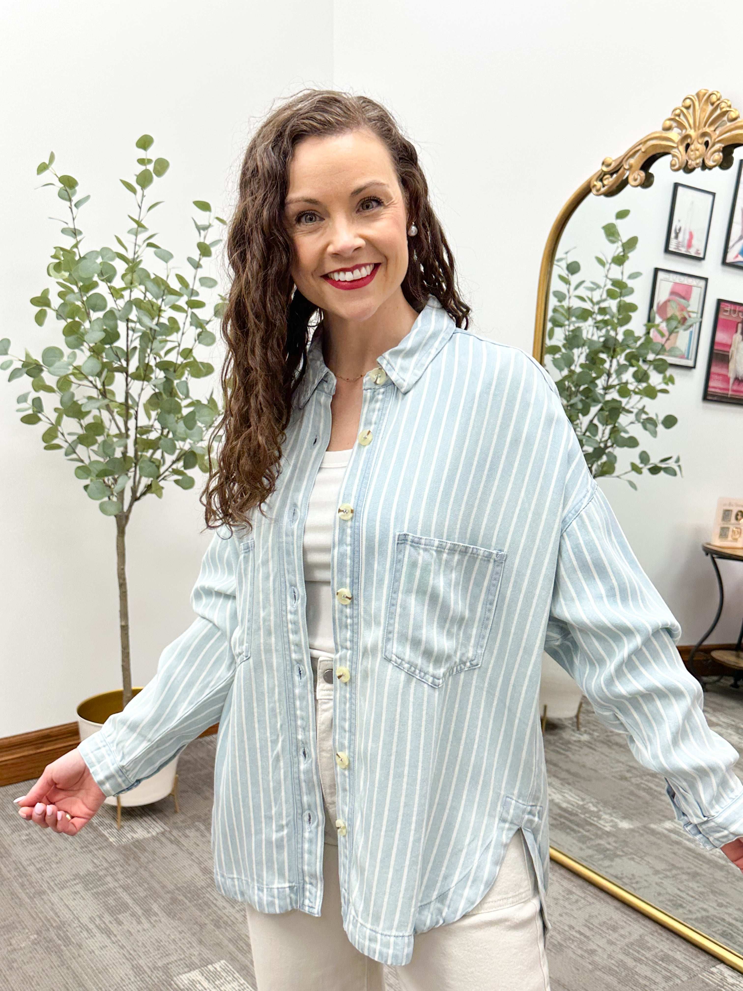 Oversized Striped Chambray Top