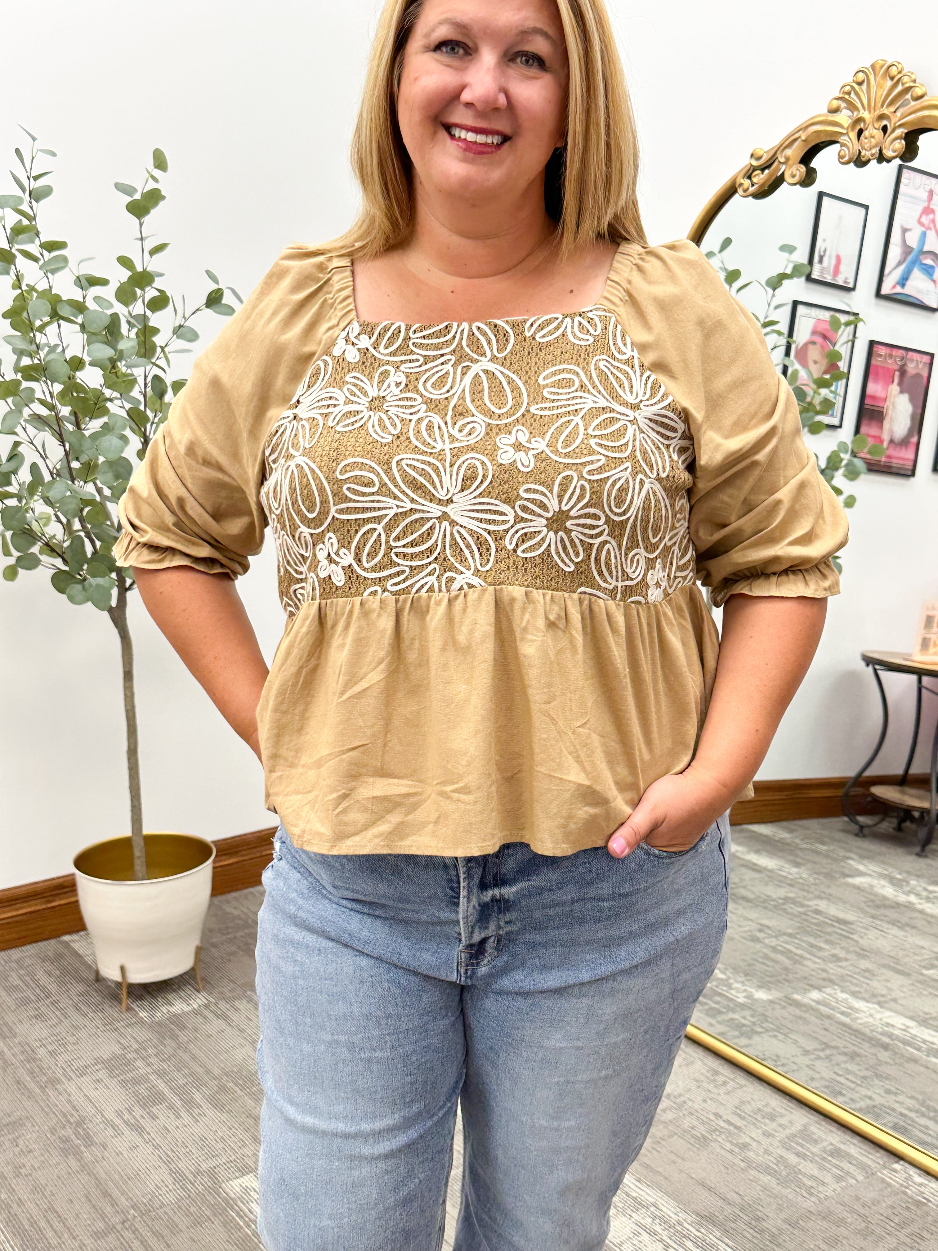 Floral Embroidered Mixed Media Peplum Top