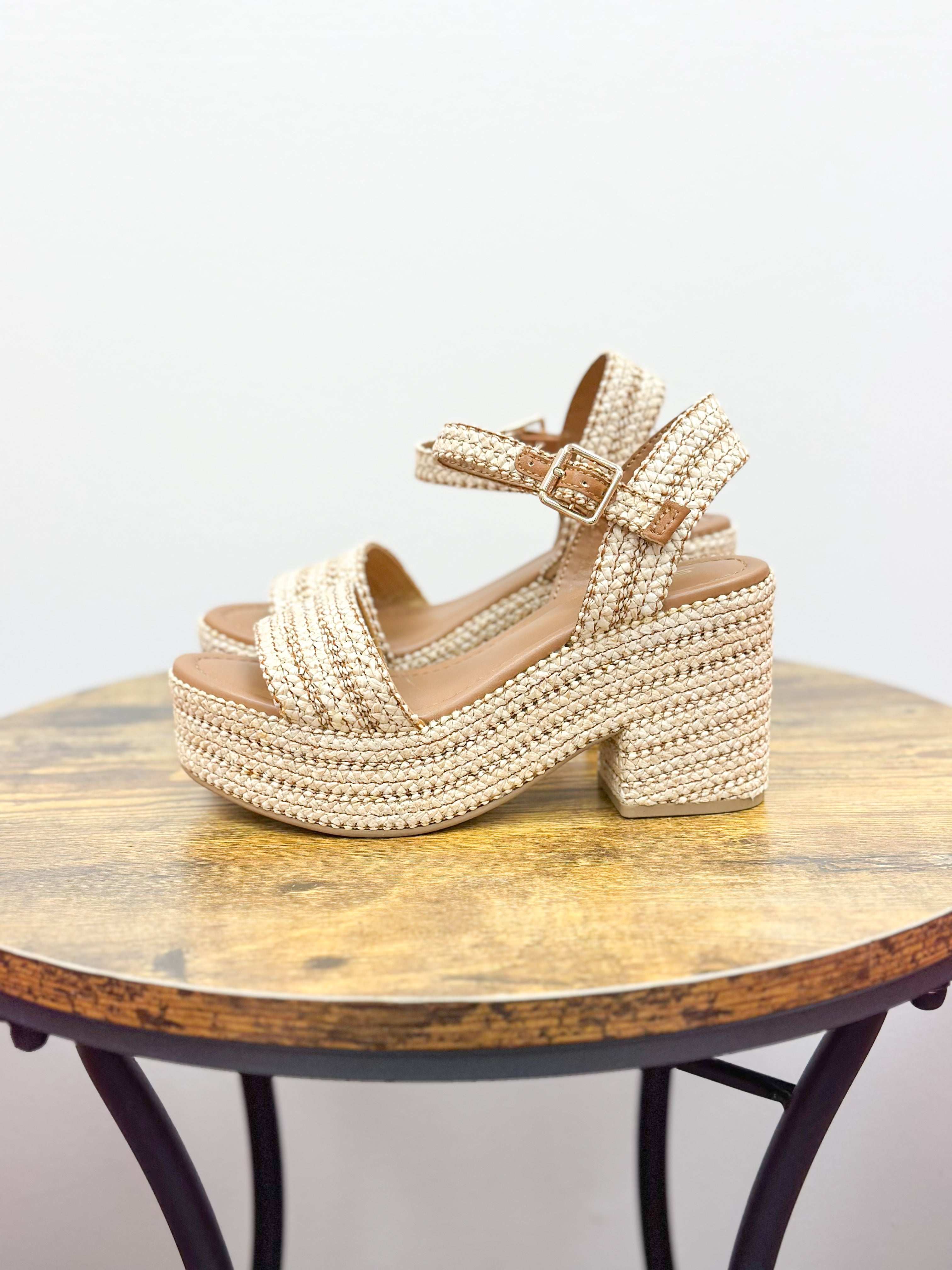 Beige Raffia Block Heel Sandals