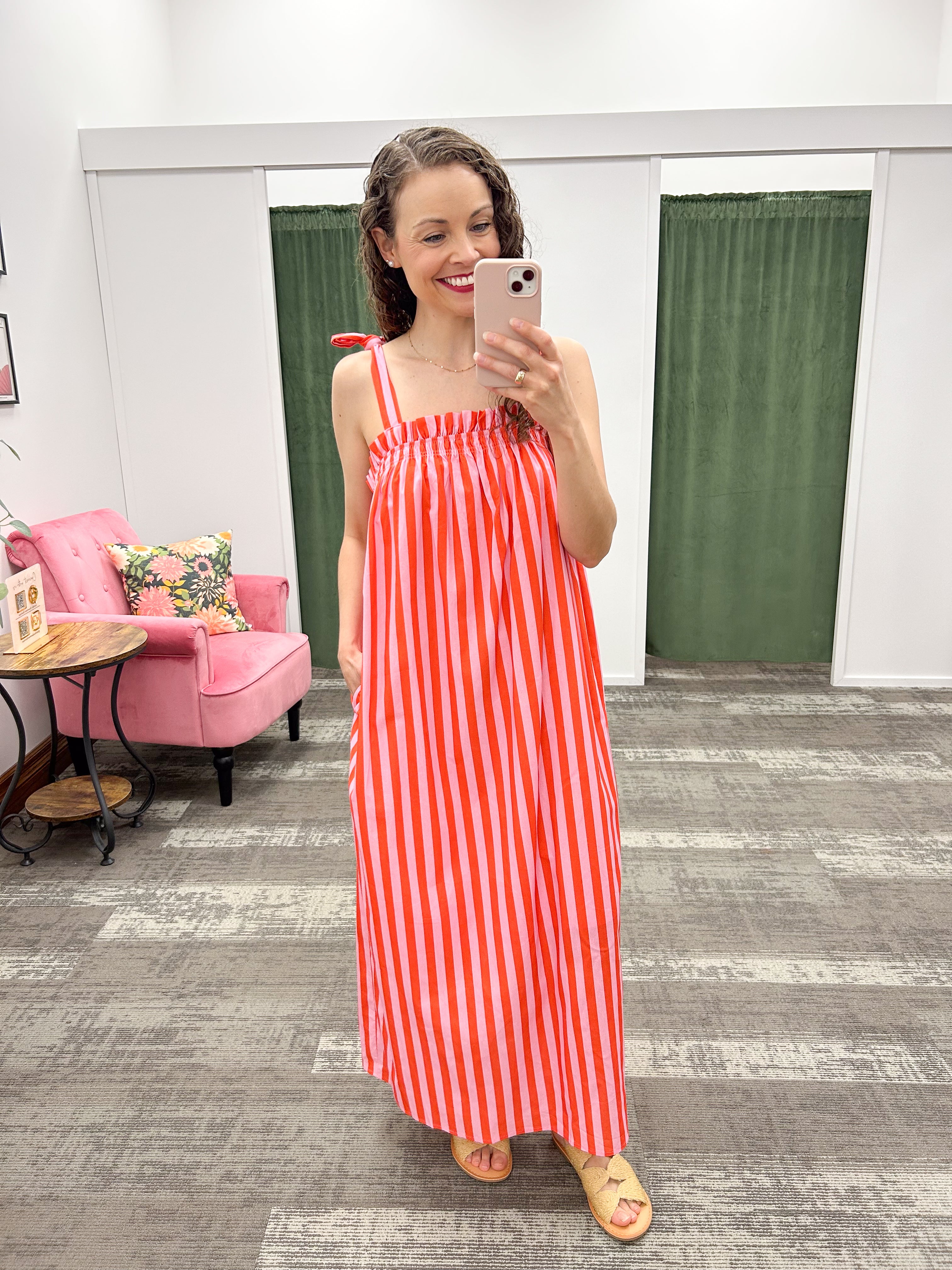 Pink & Red Stripe Tie Strap Midi Dress