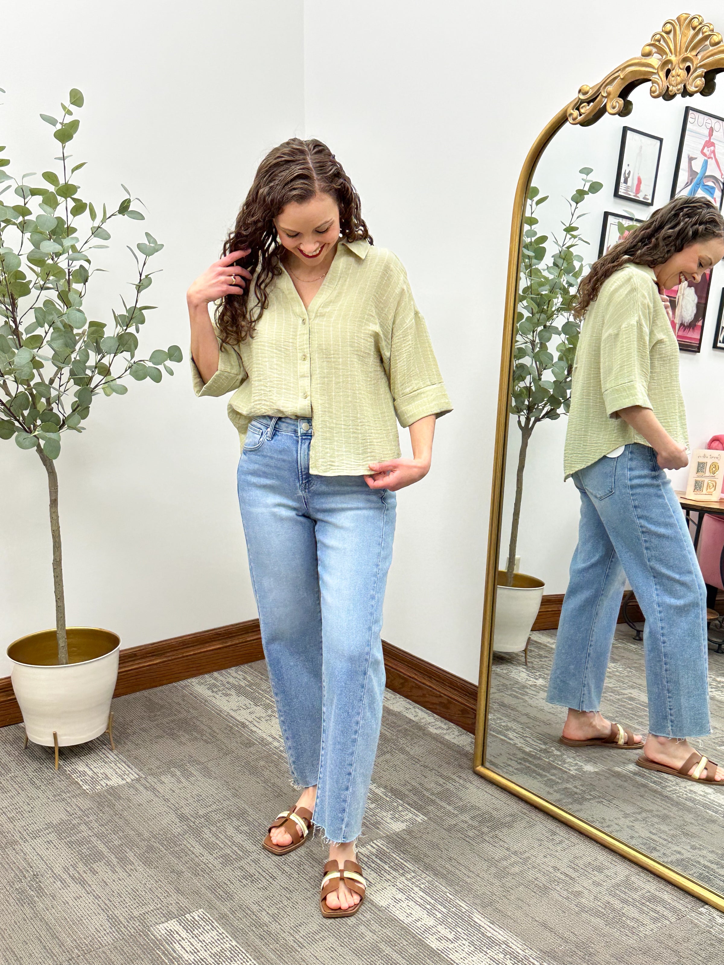 Sage & White Striped Button Up Top