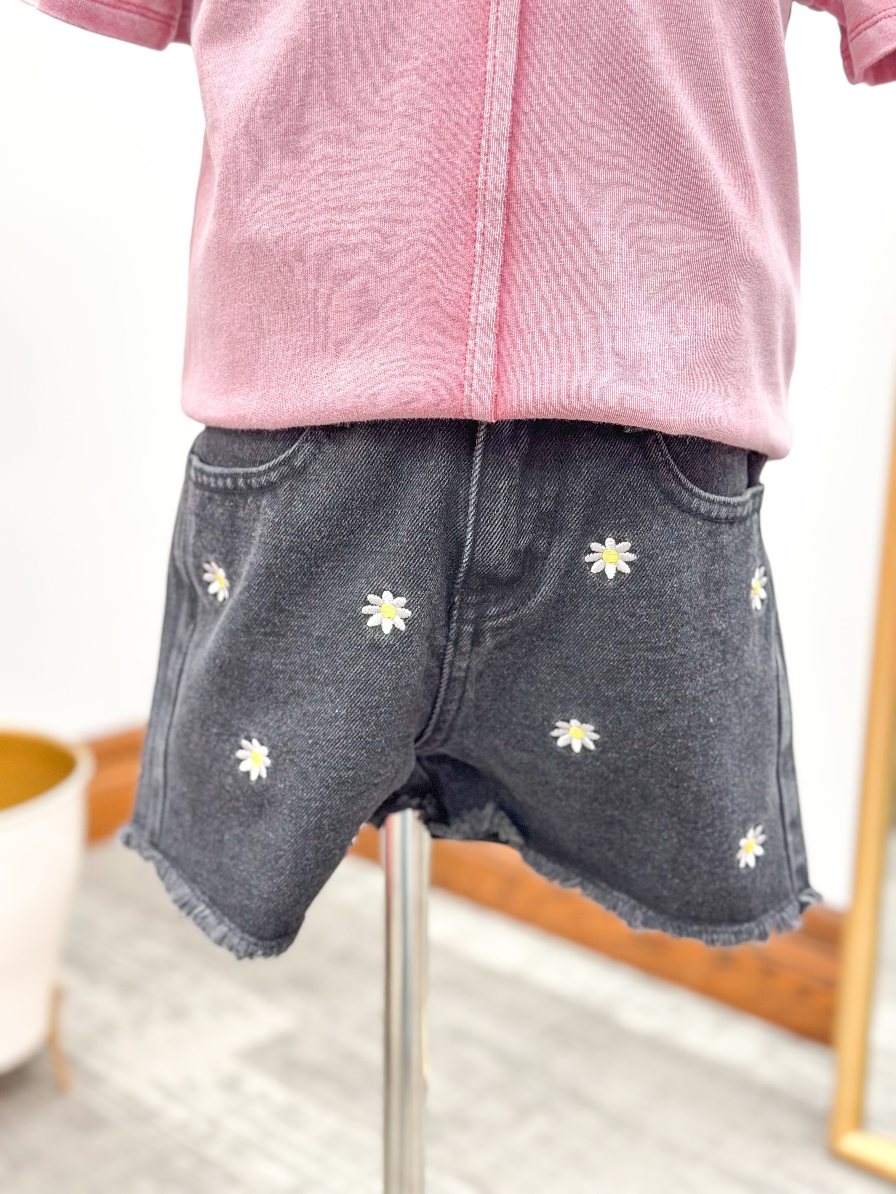 Girls Floral Embroidered Black Shorts