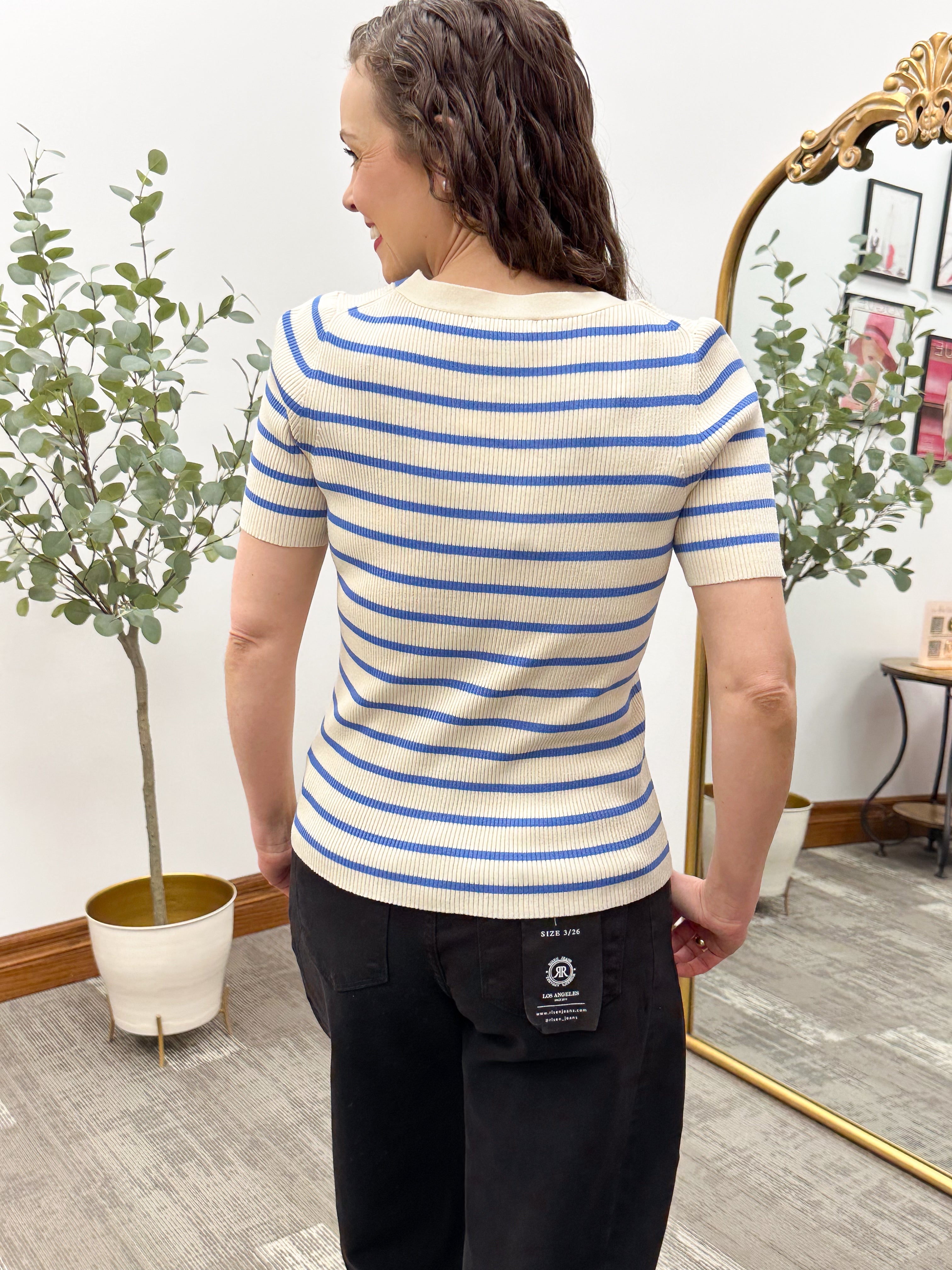 Blue & Cream Striped Short Sleeve Cardigan