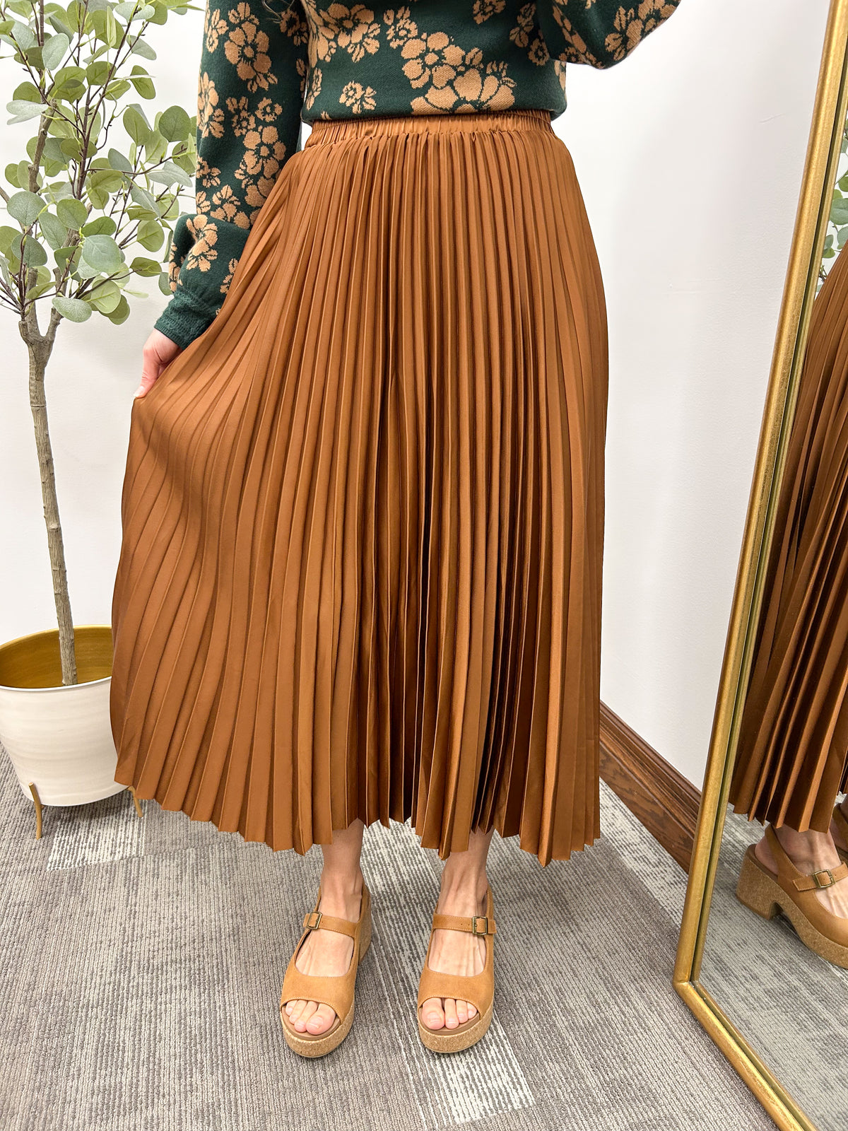 Brown pleated satin midi skirt