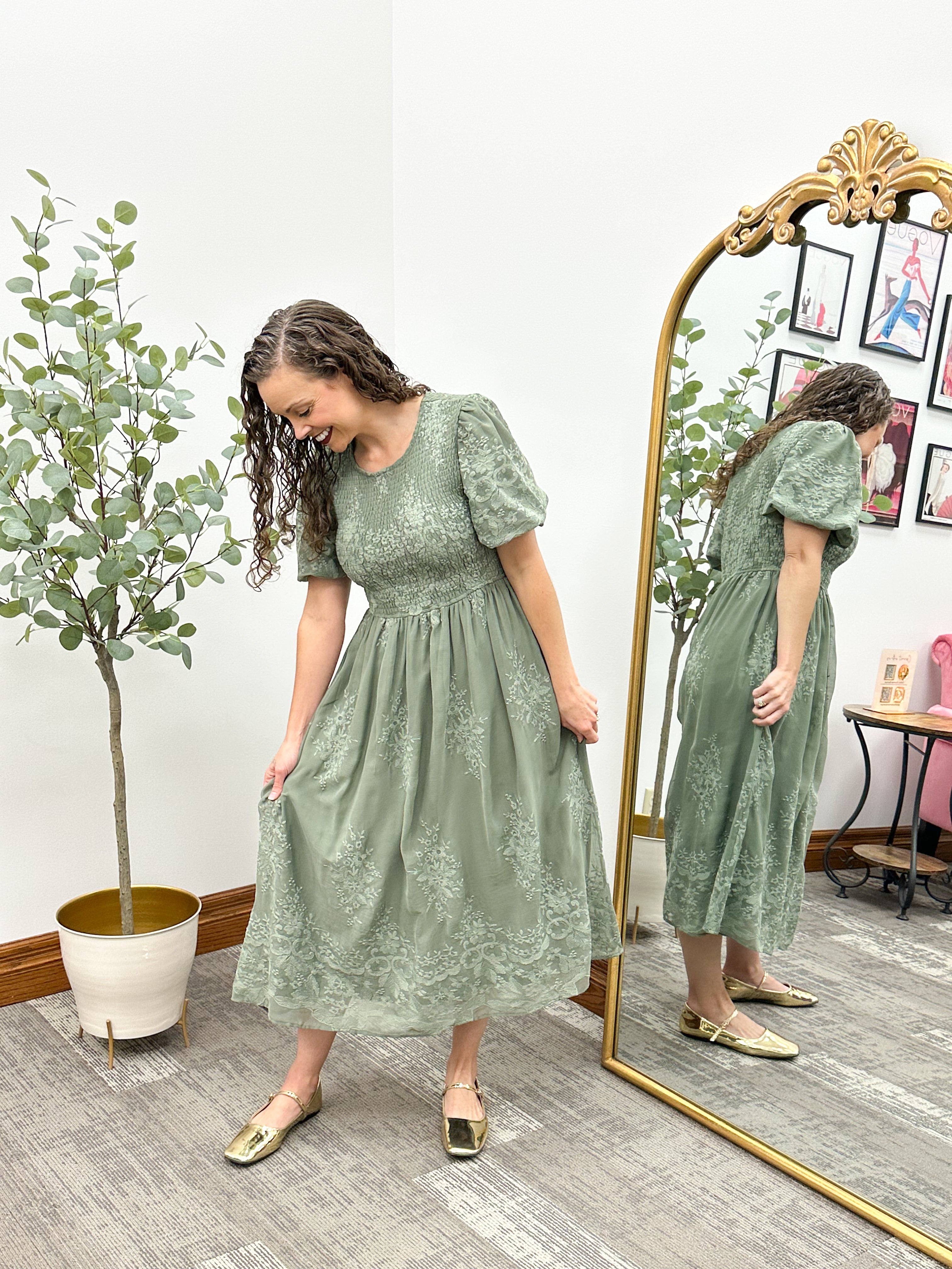Olive Floral Embroidered Midi Dress With Puff Sleeves and Smocking