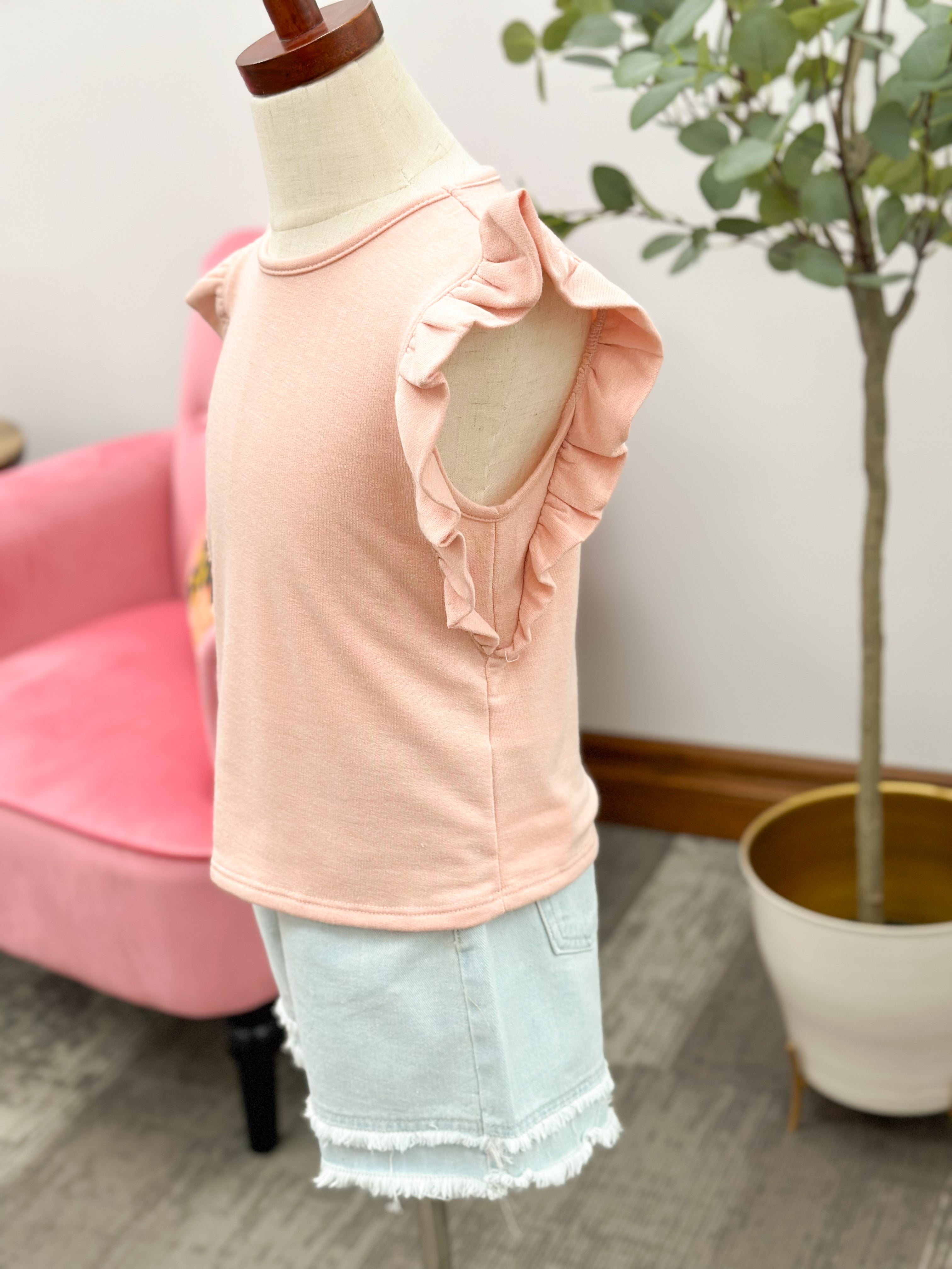 Girls Pink Ruffle Sleeve Tank