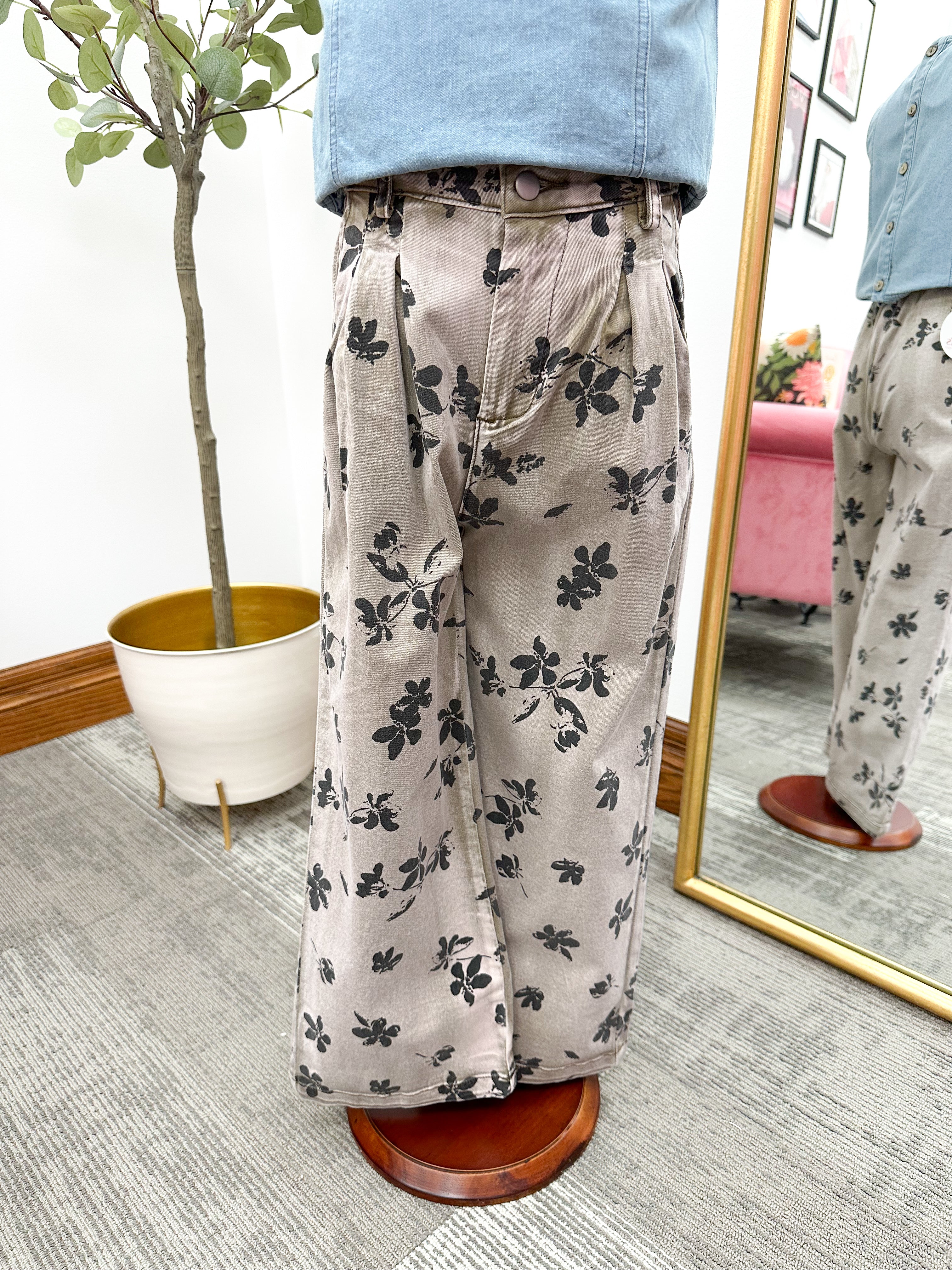 Girls Brown Floral Wide Leg Jeans
