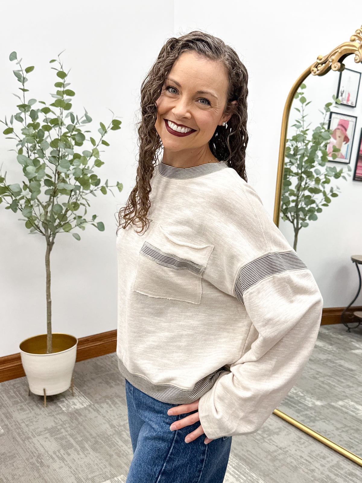 Beige Contrast Stripe Long Sleeve Top