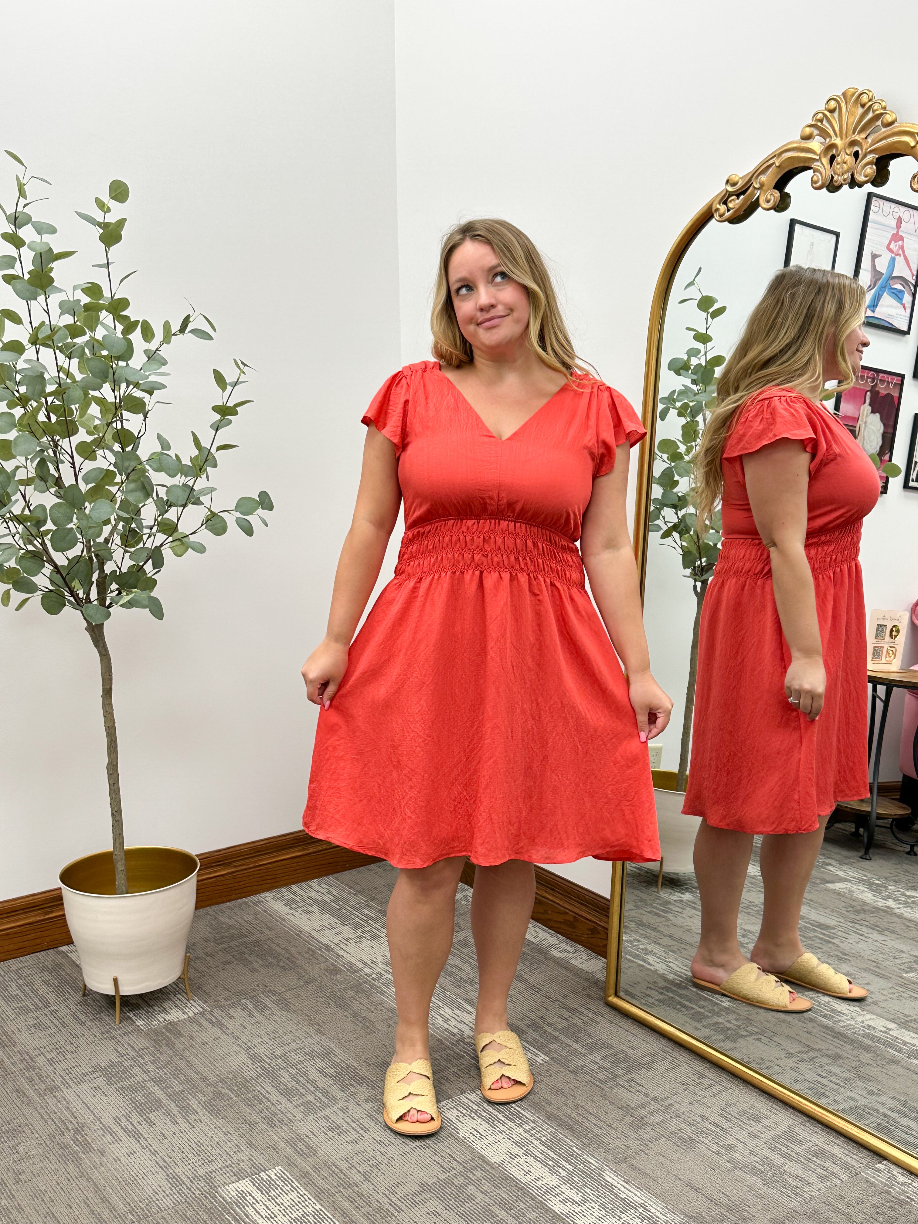 Red Smocked V-Neck Dress