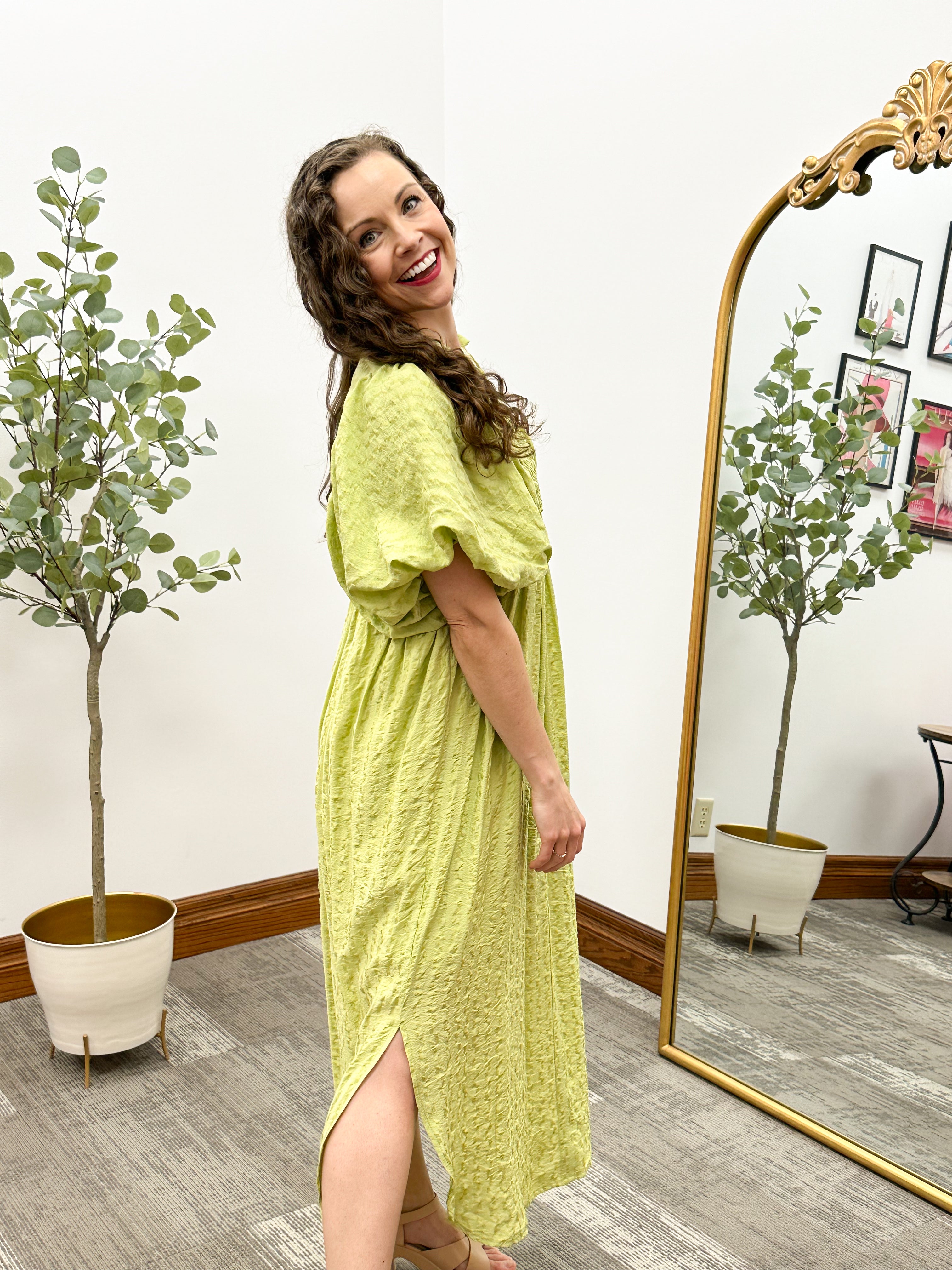 Monica Lime Puff Sleeve Midi Dress