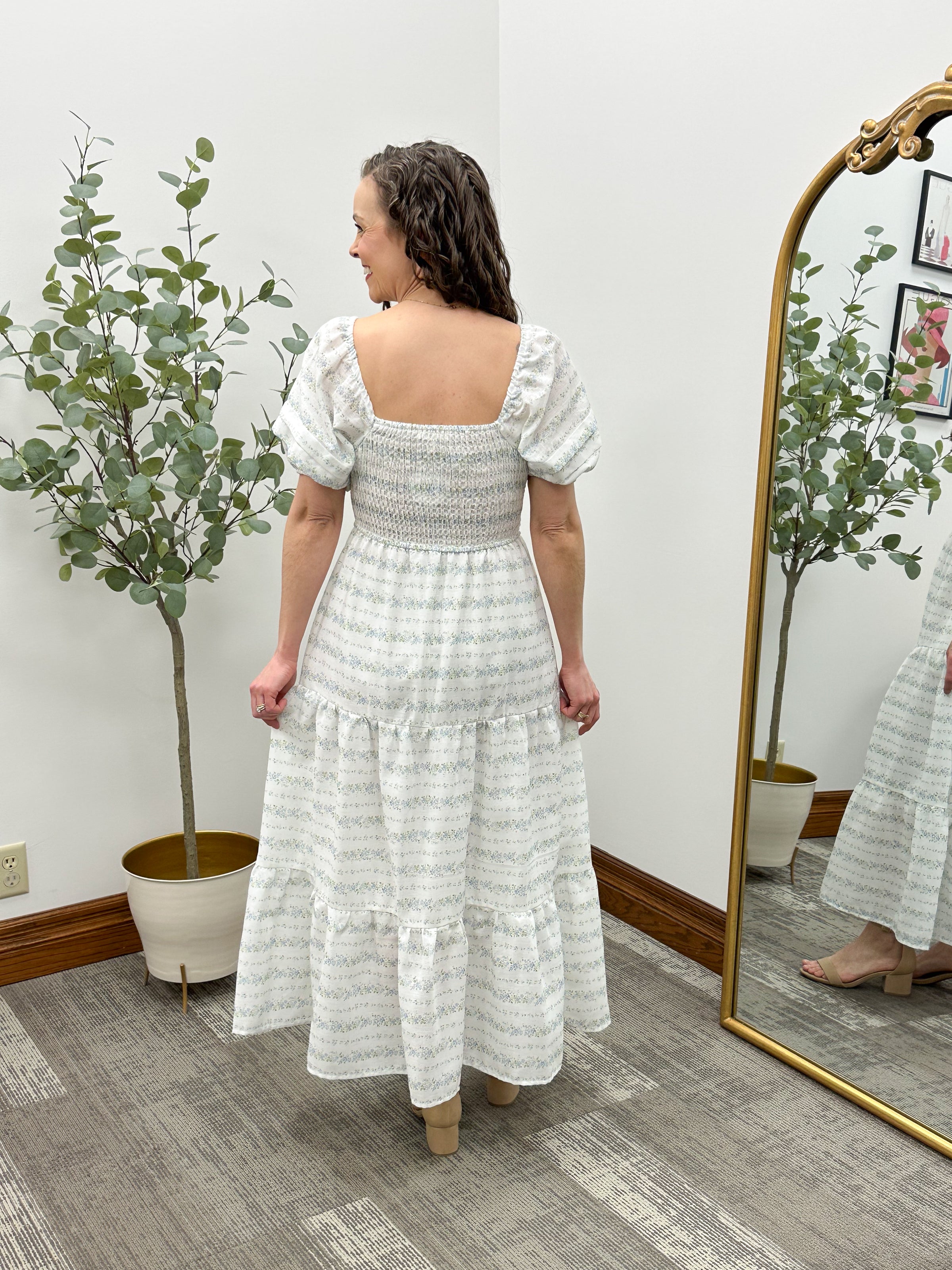 White W/ Floral Print Maxi Dress