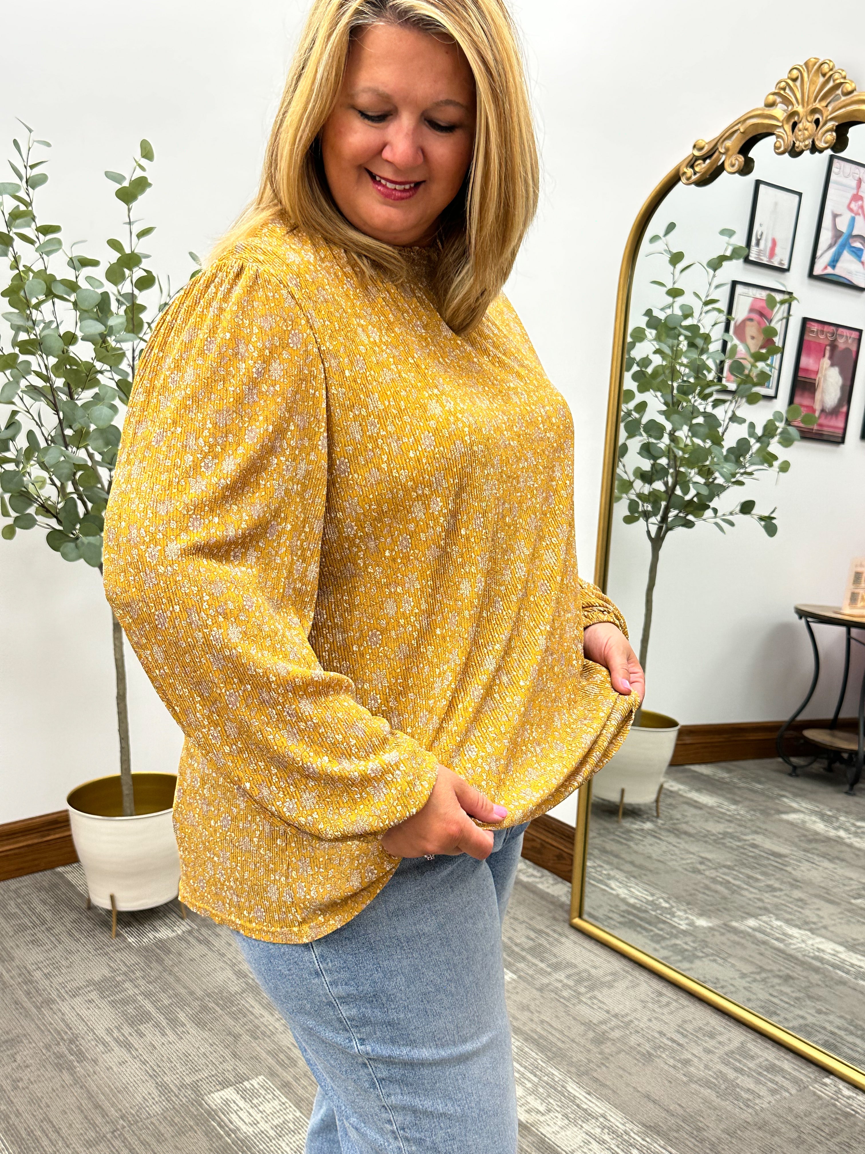 Plus Size Mustard Floral Print Pleated Blouse