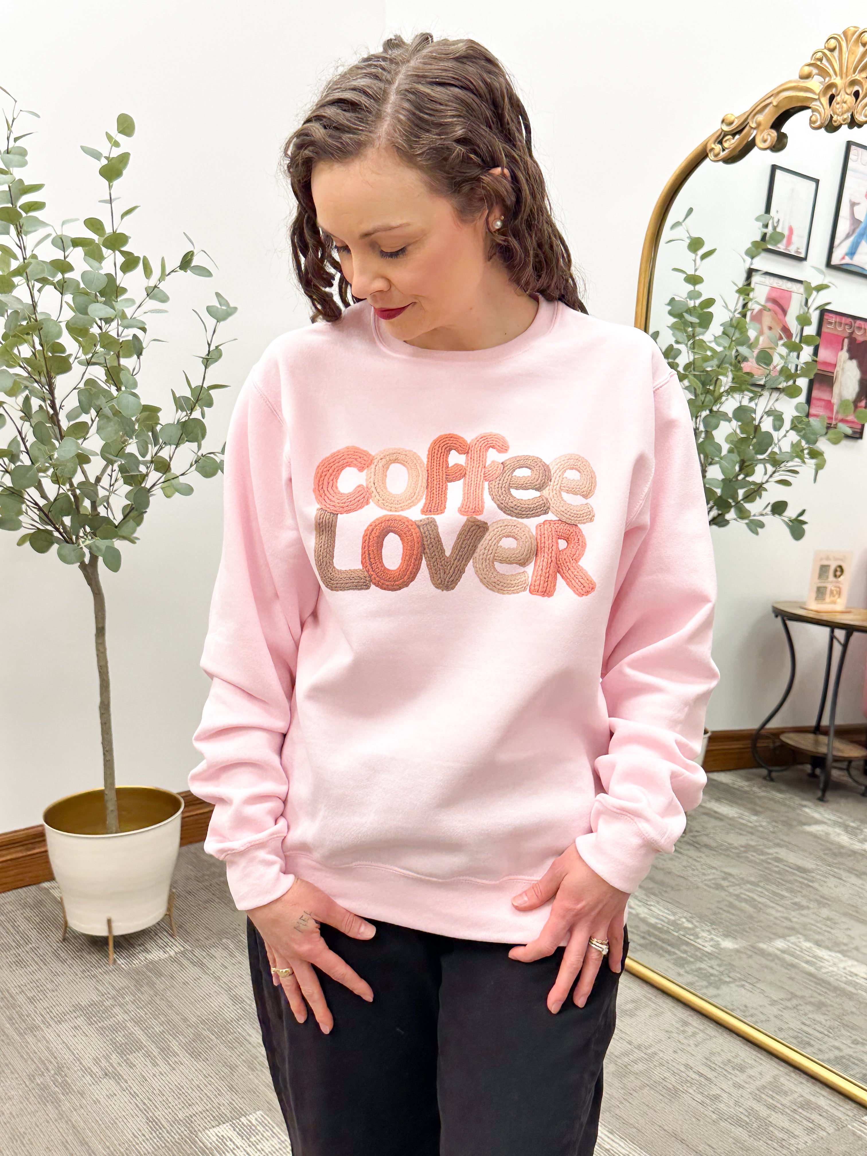 "Coffee Lover" Knit Yarn Print Pink Crewneck Sweatshirt