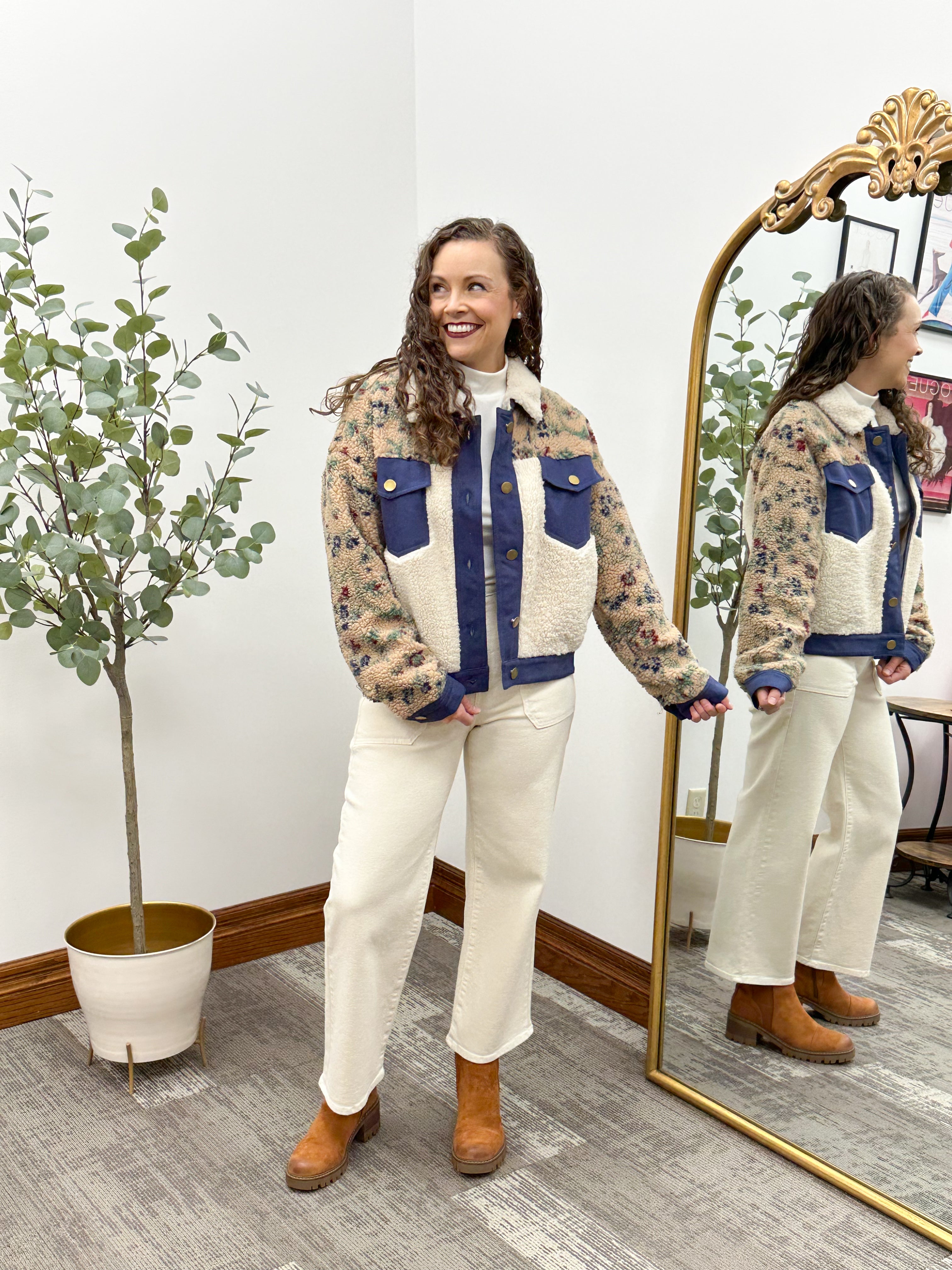 Floral Sherpa Button Up Bomber Jacket