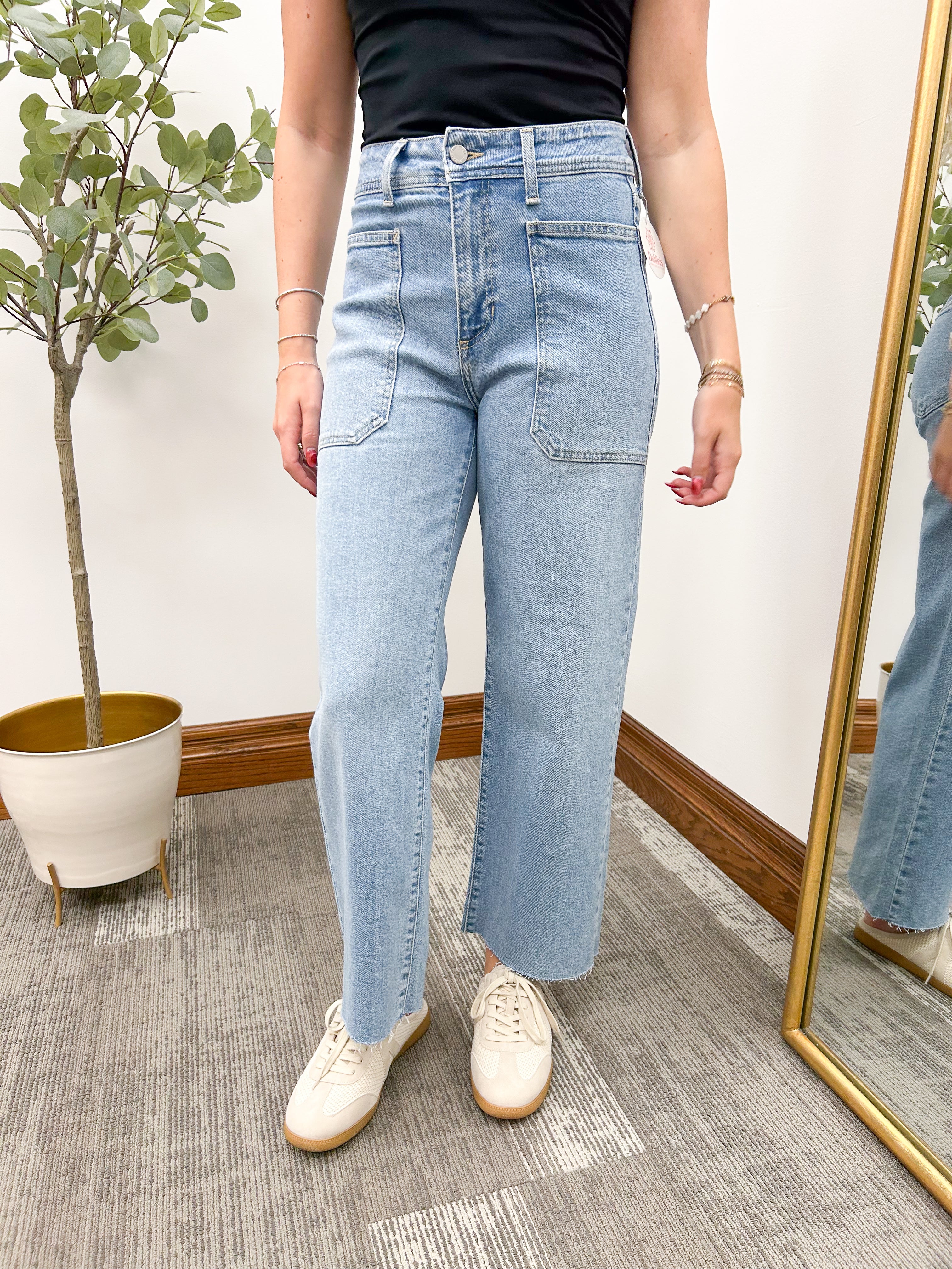 Just black denim high-rise jeans, just black denim light wash high-rise front pocket wide leg jeans