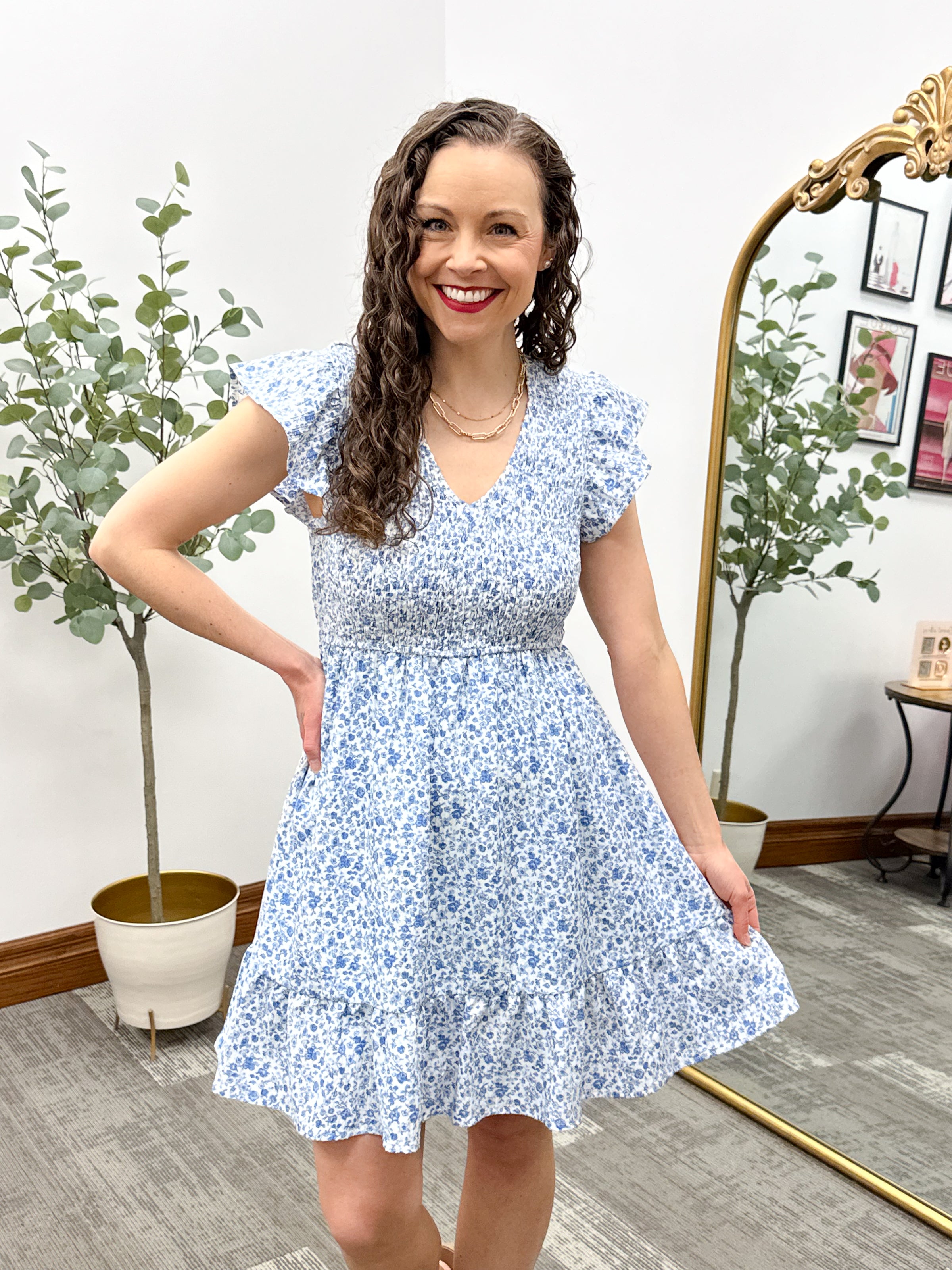 Blue floral mini dress, cute summer dress, senior pictures dress, family photos dress