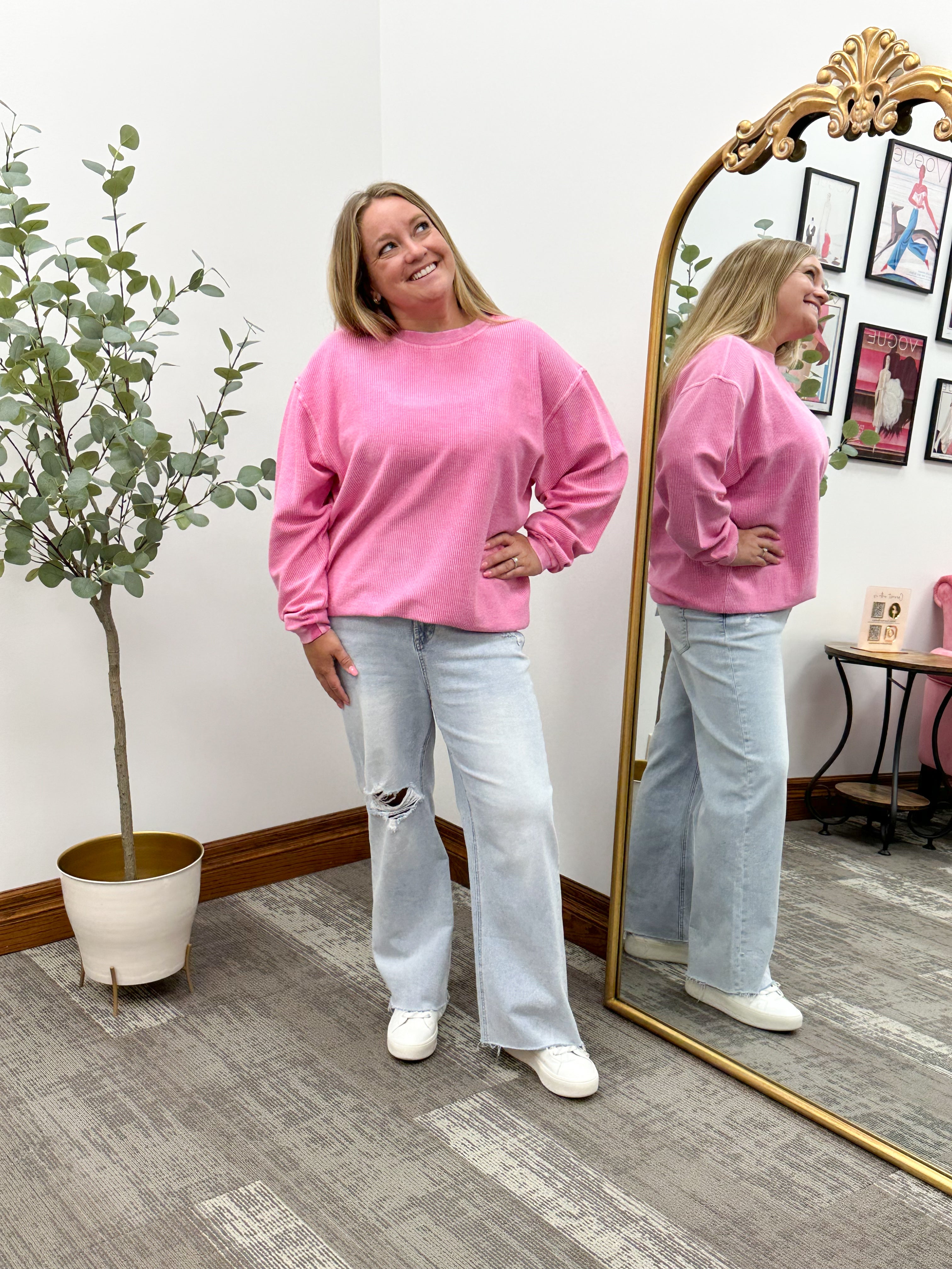 Dark Pink Corded Crewneck