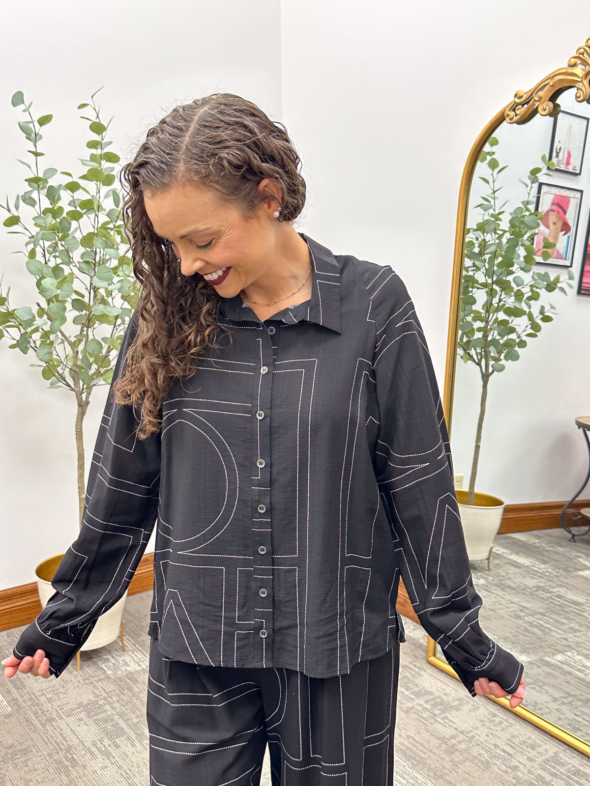 Black Line Stitch Button Up Blouse