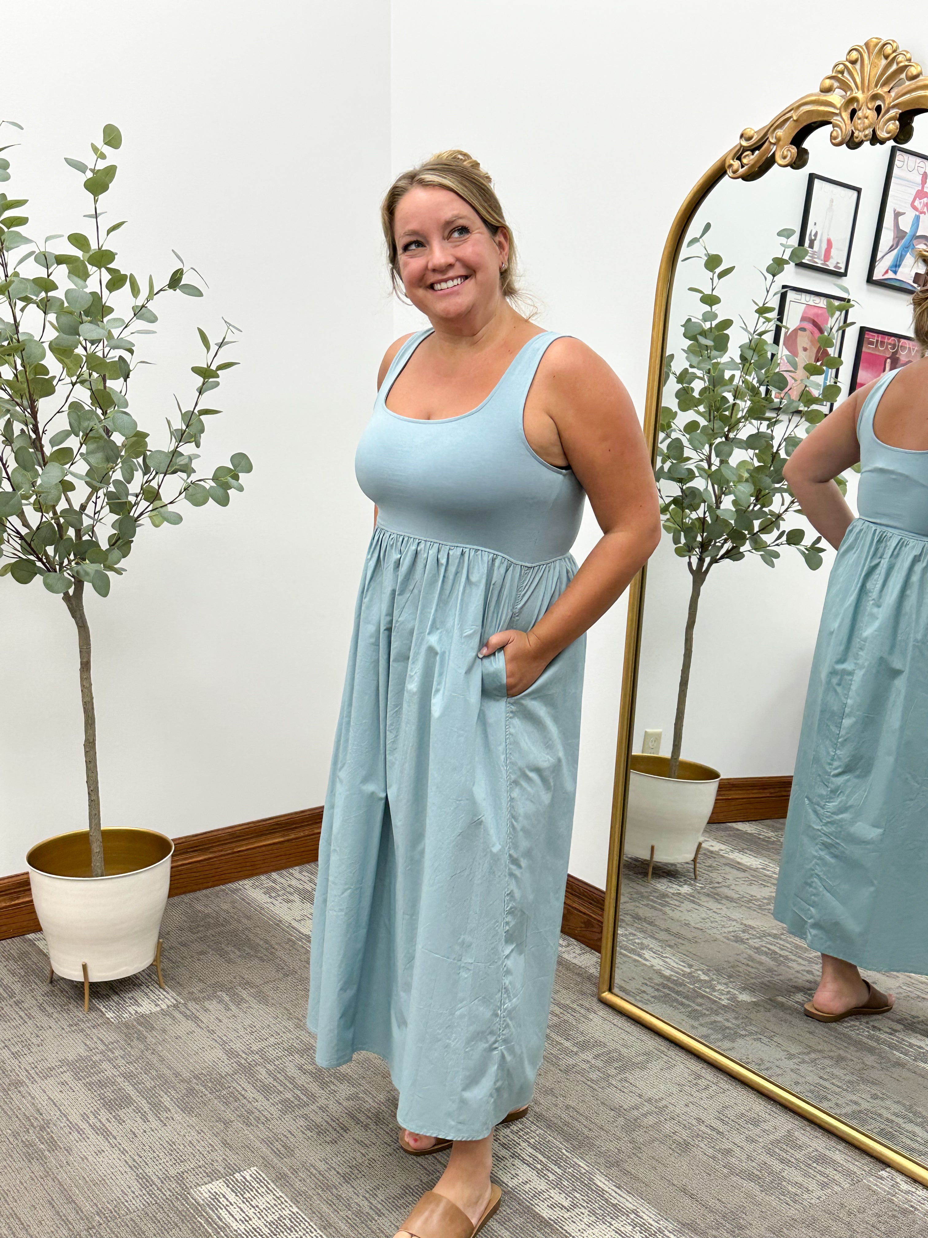 Dusty Blue Mixed Media Midi Dress
