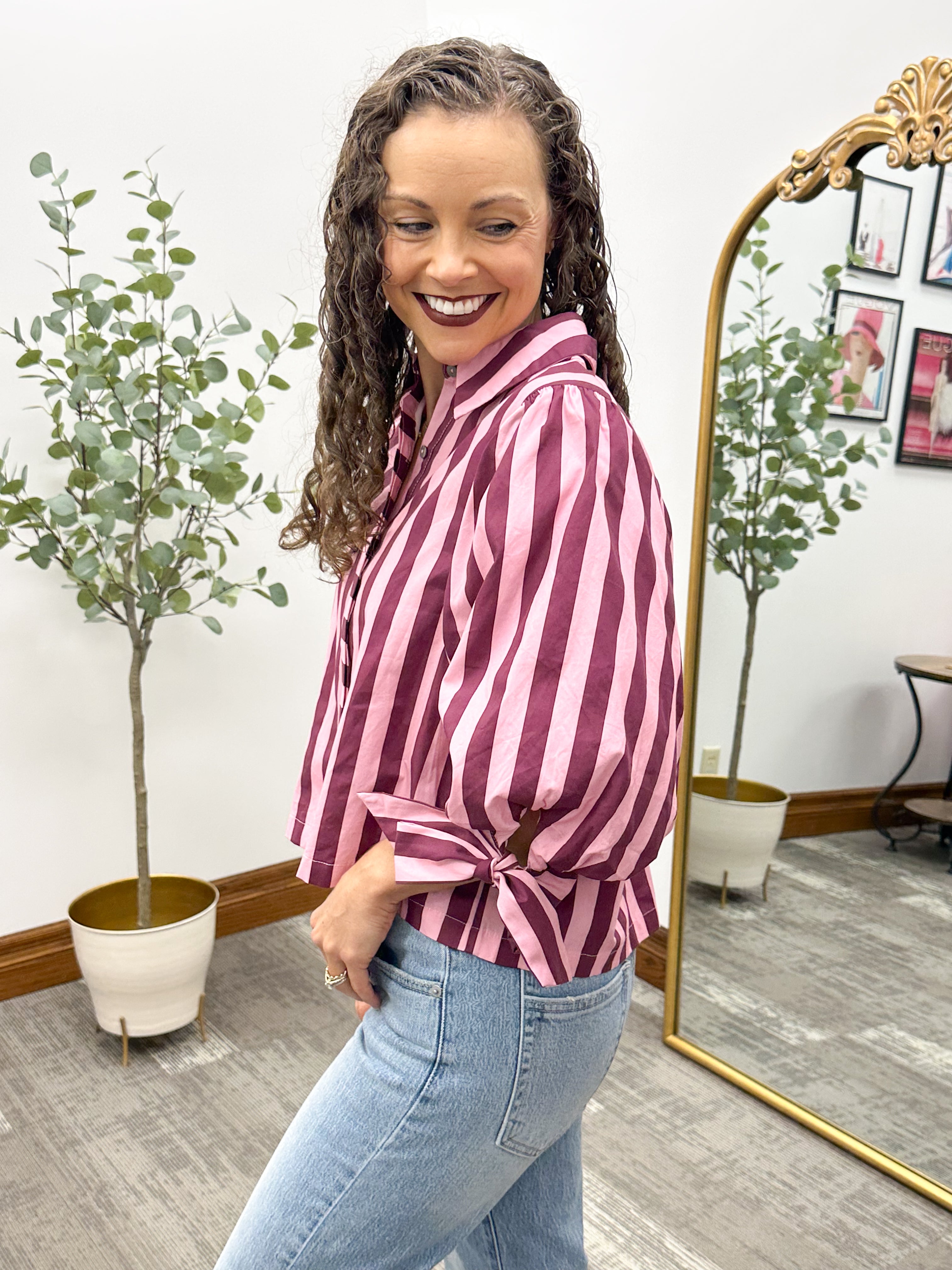 Tie Sleeve Striped Button Up Blouse