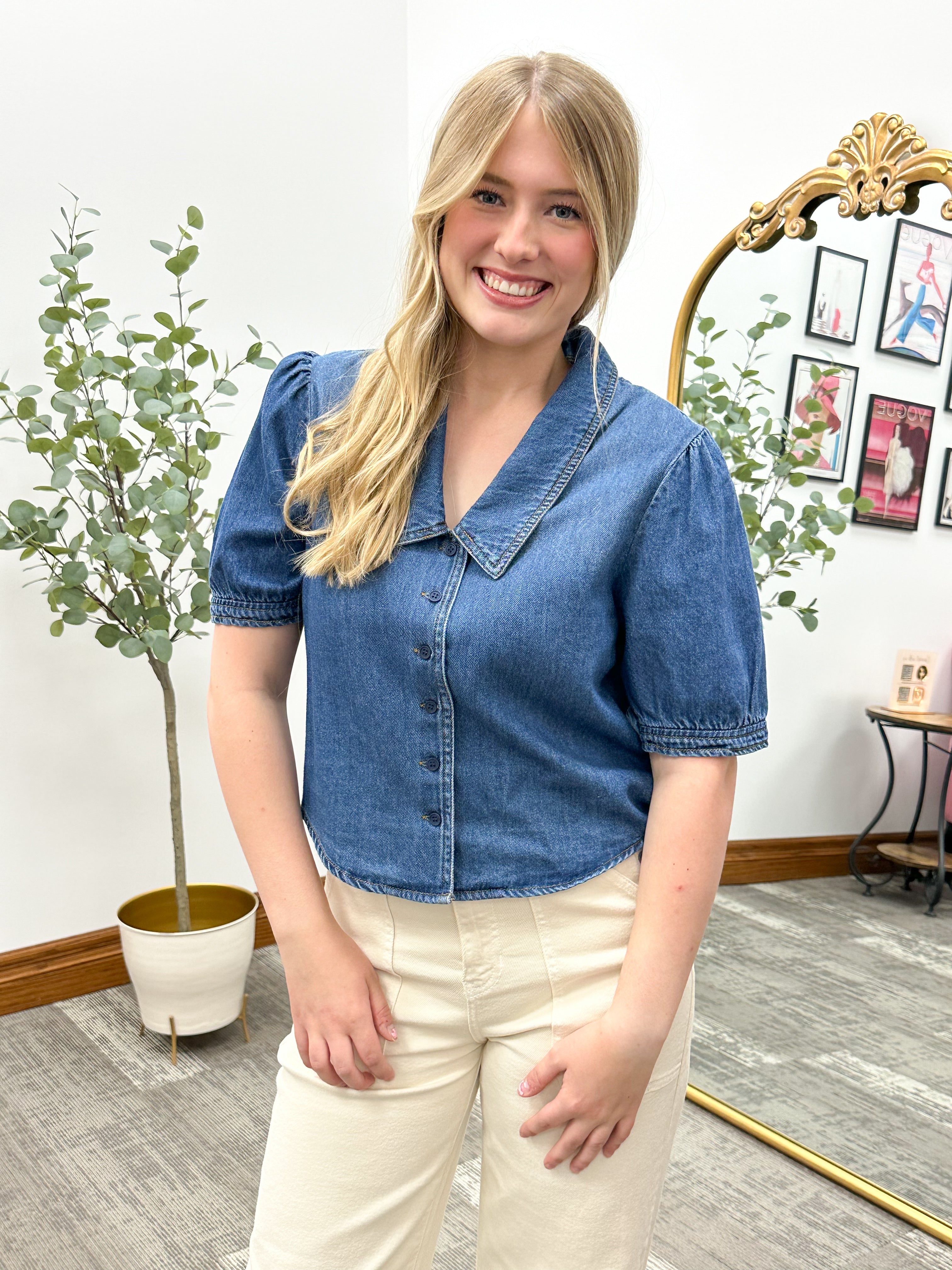 Risen Cropped Denim Button Up Collared Top