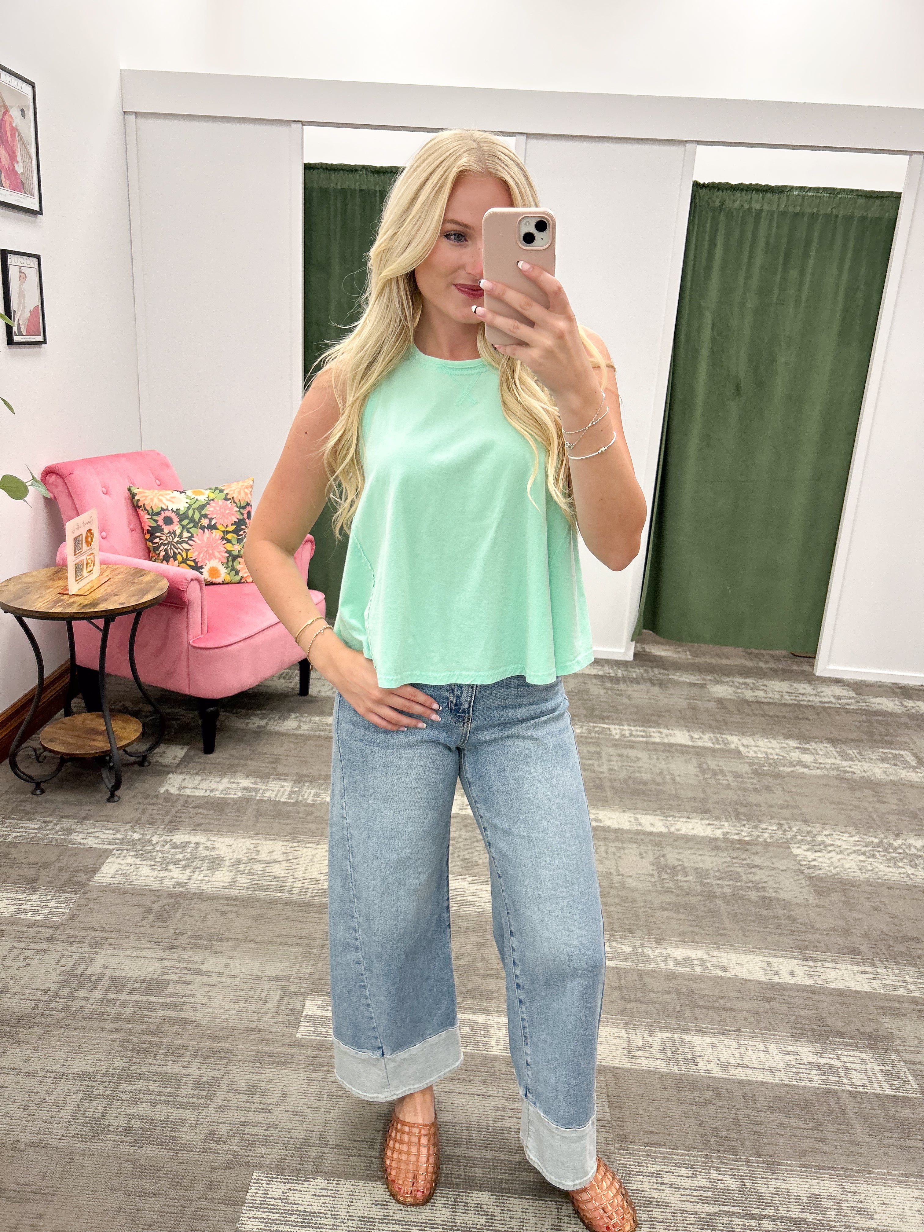 Mint Raw Edge Flowy Tank Top