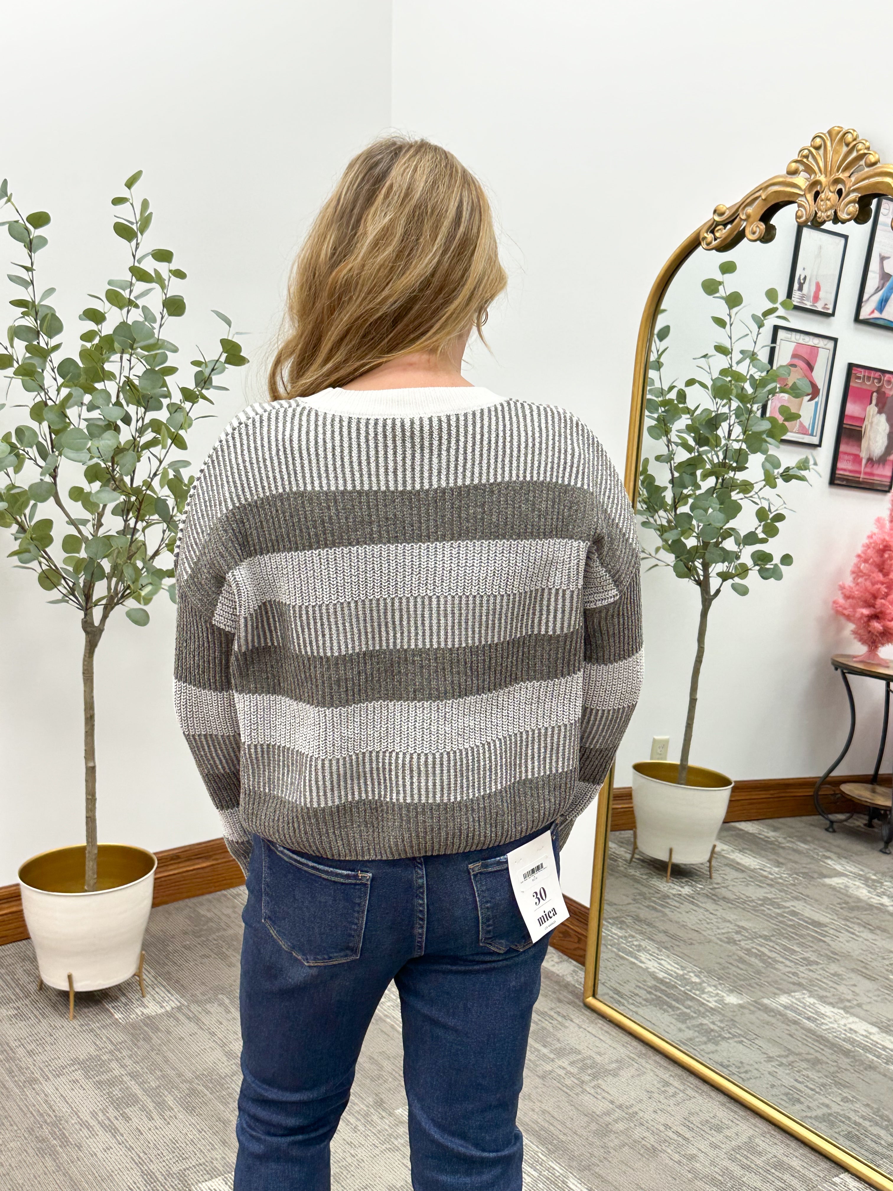 Olive + Ivory Striped Chenille Sweater