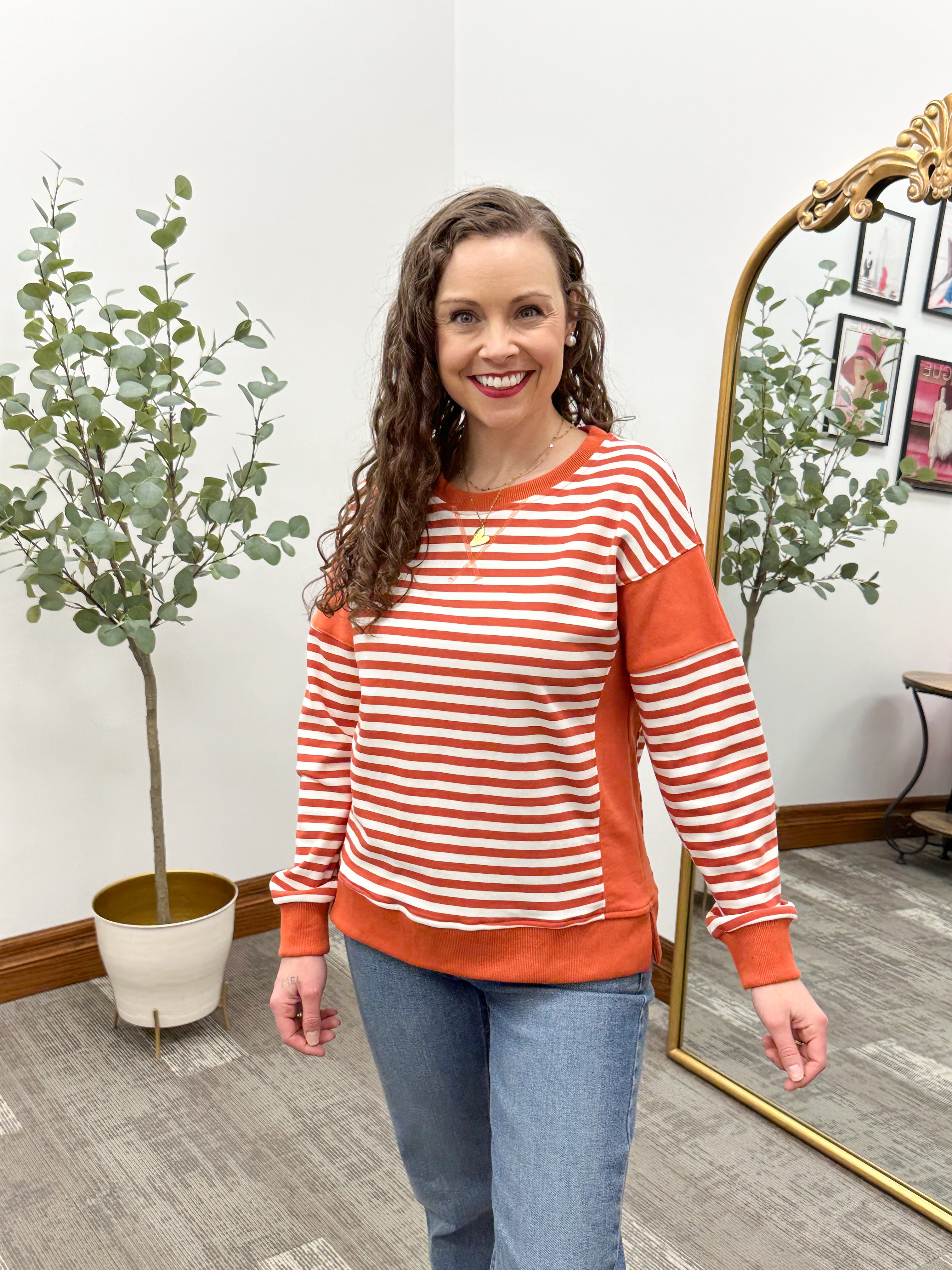 Orange & Ivory Striped Color Block Sweatshirt
