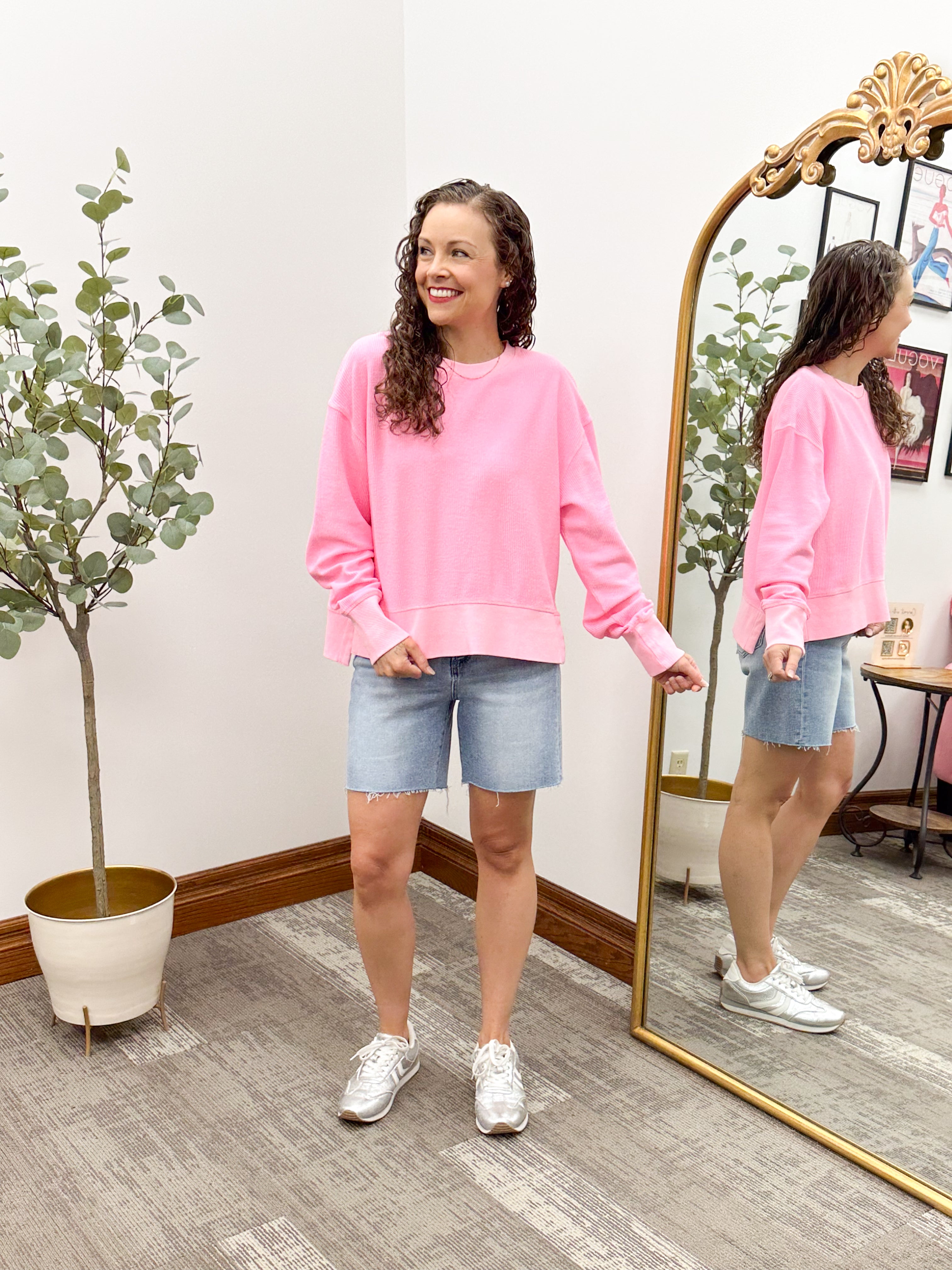Neon Pink Split Hem Corded Crewneck
