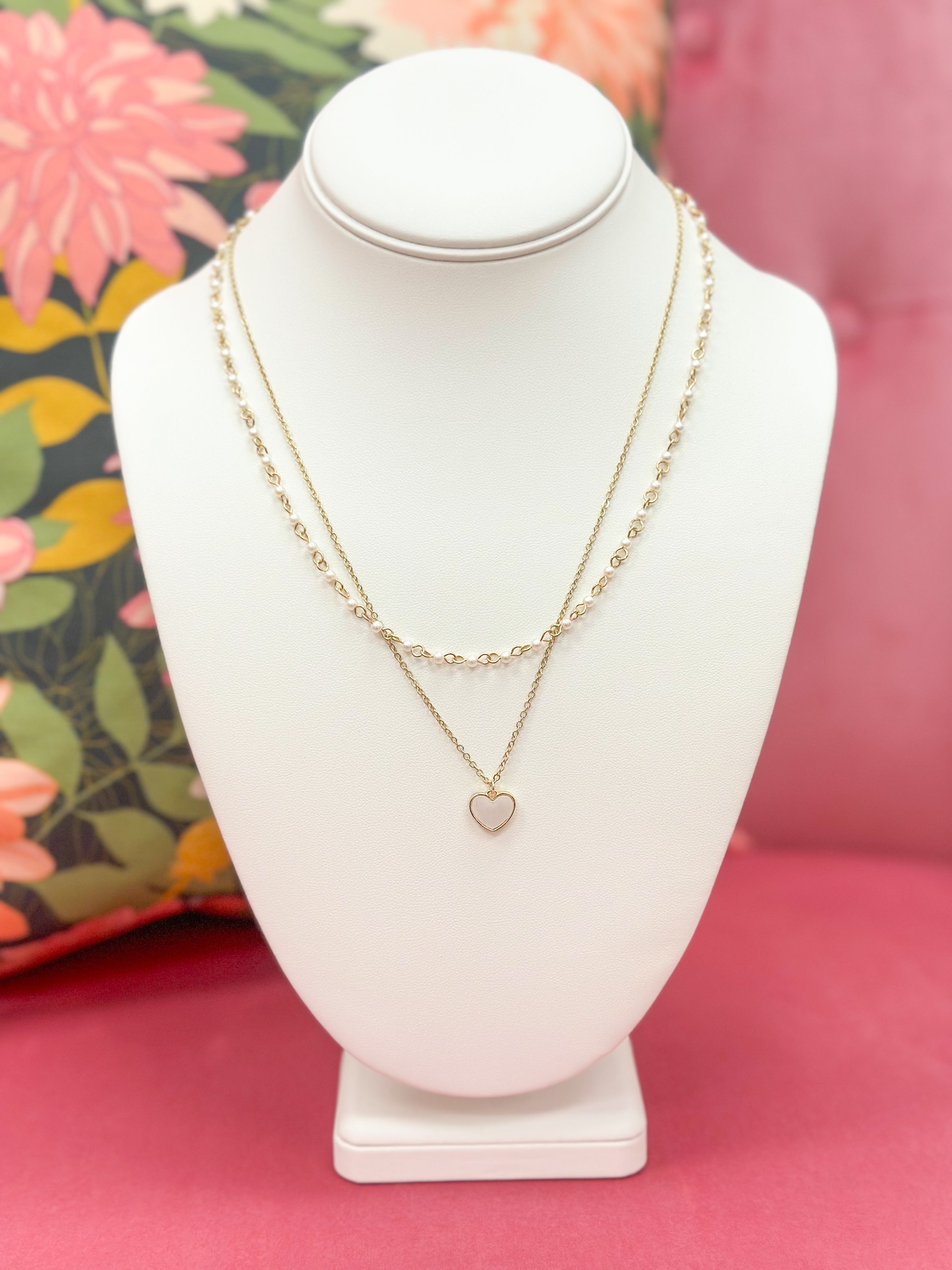 Layered Pearl Chain Heart Necklace