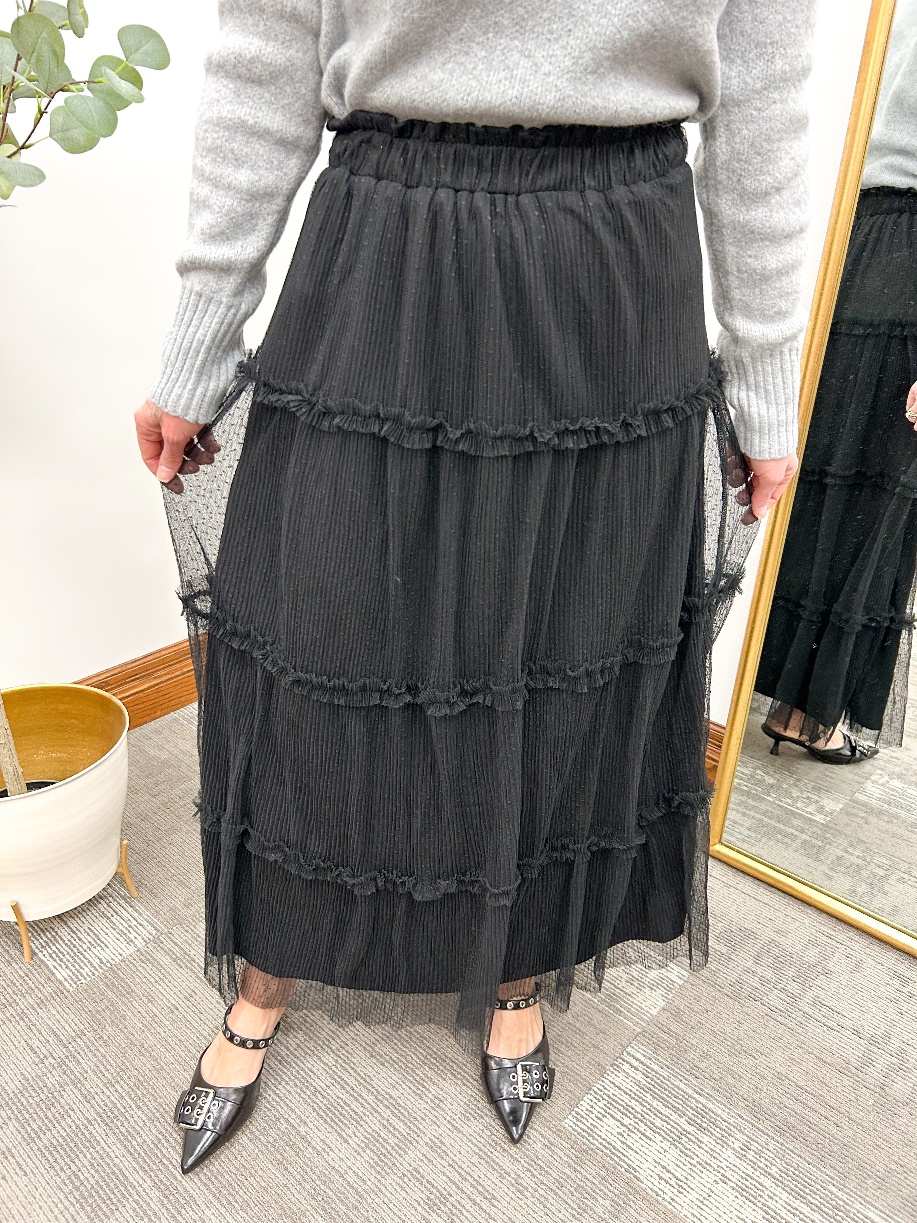 Polka Dot Black Tulle Tiered Midi Skirt