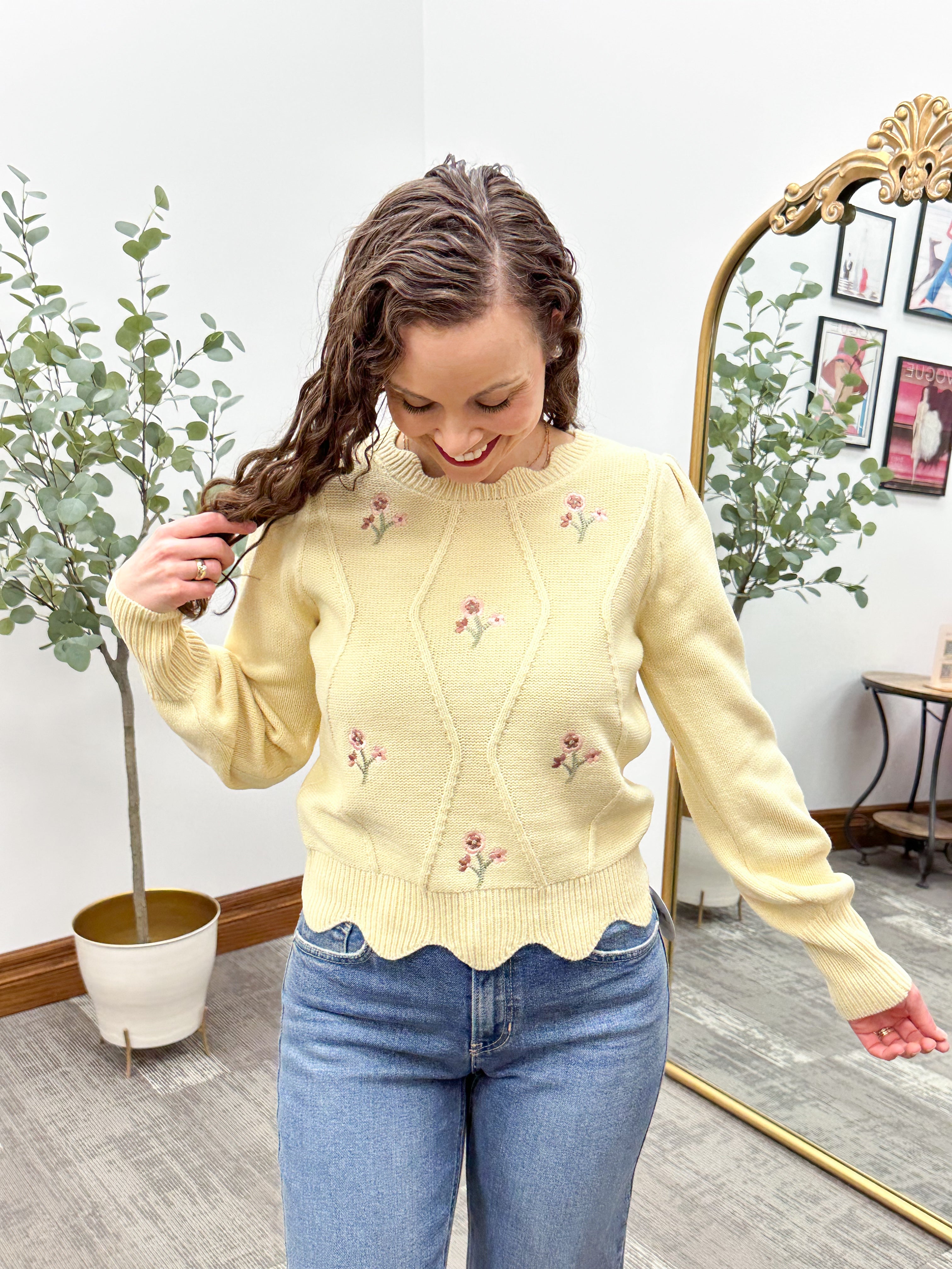 Floral Embroidered Yellow Sweater
