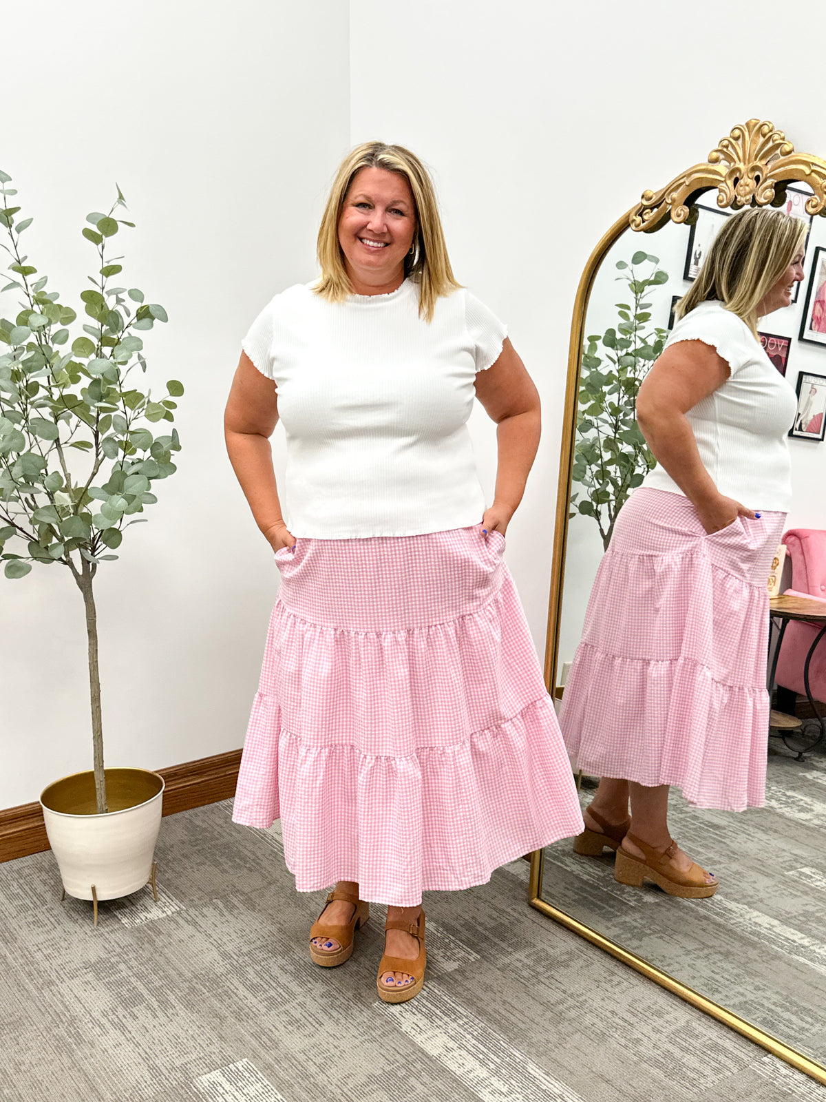 Pink Gingham Seersucker Midi Skirt