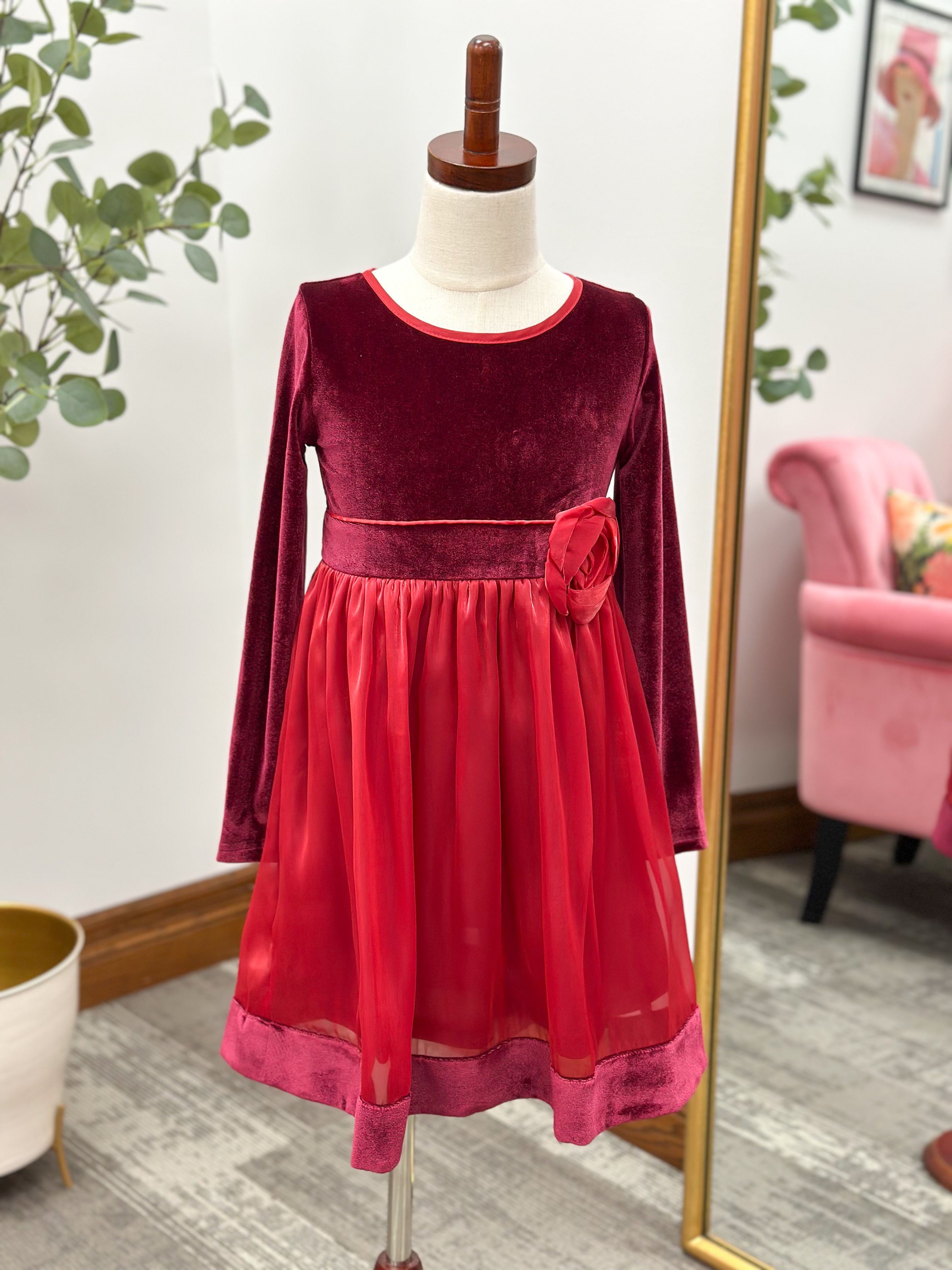 Girls Red + Burgundy Velvet Dress