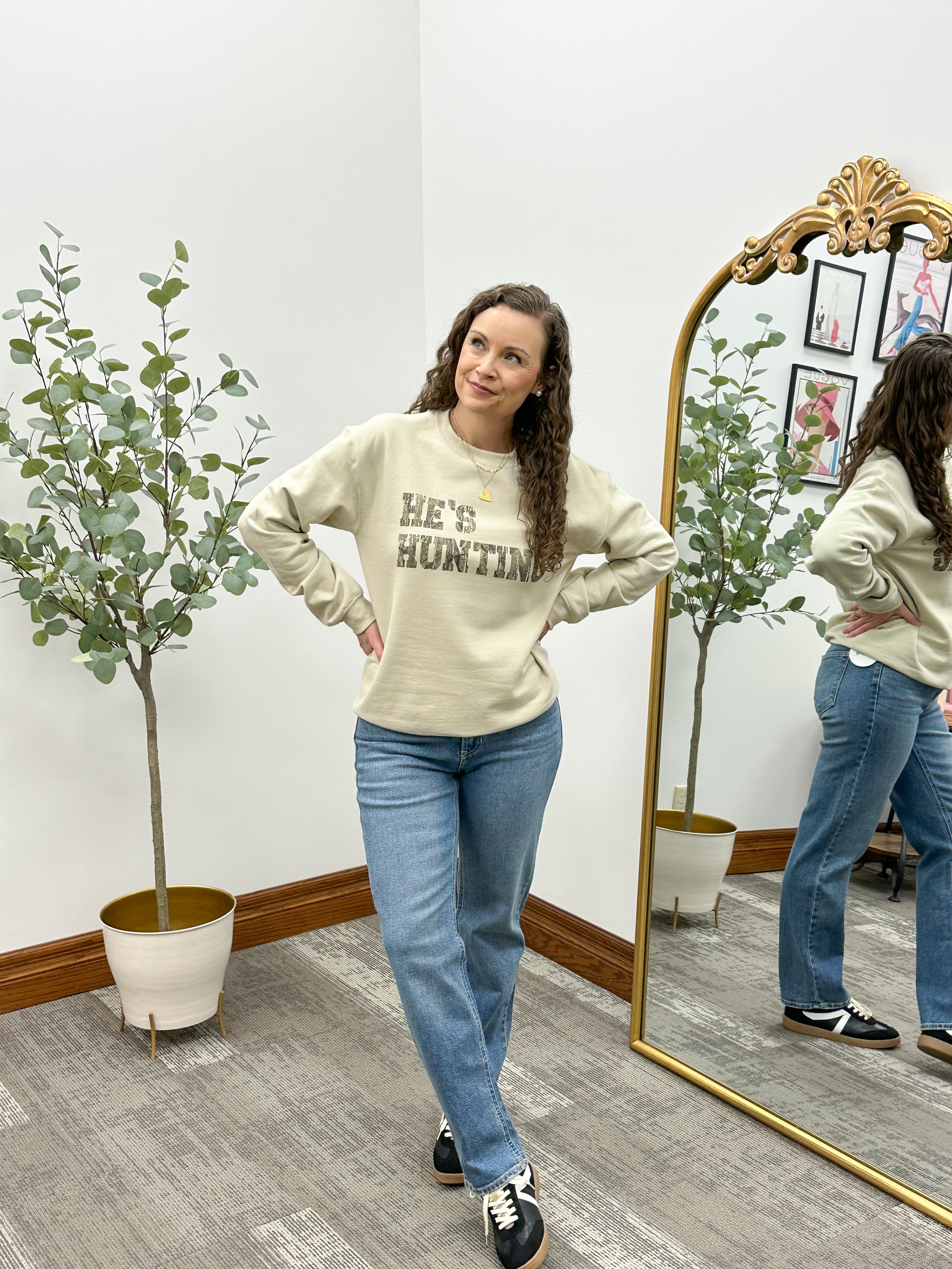 Camoflauge "HE'S HUNTING" Graphic Crewneck Sweatshirt