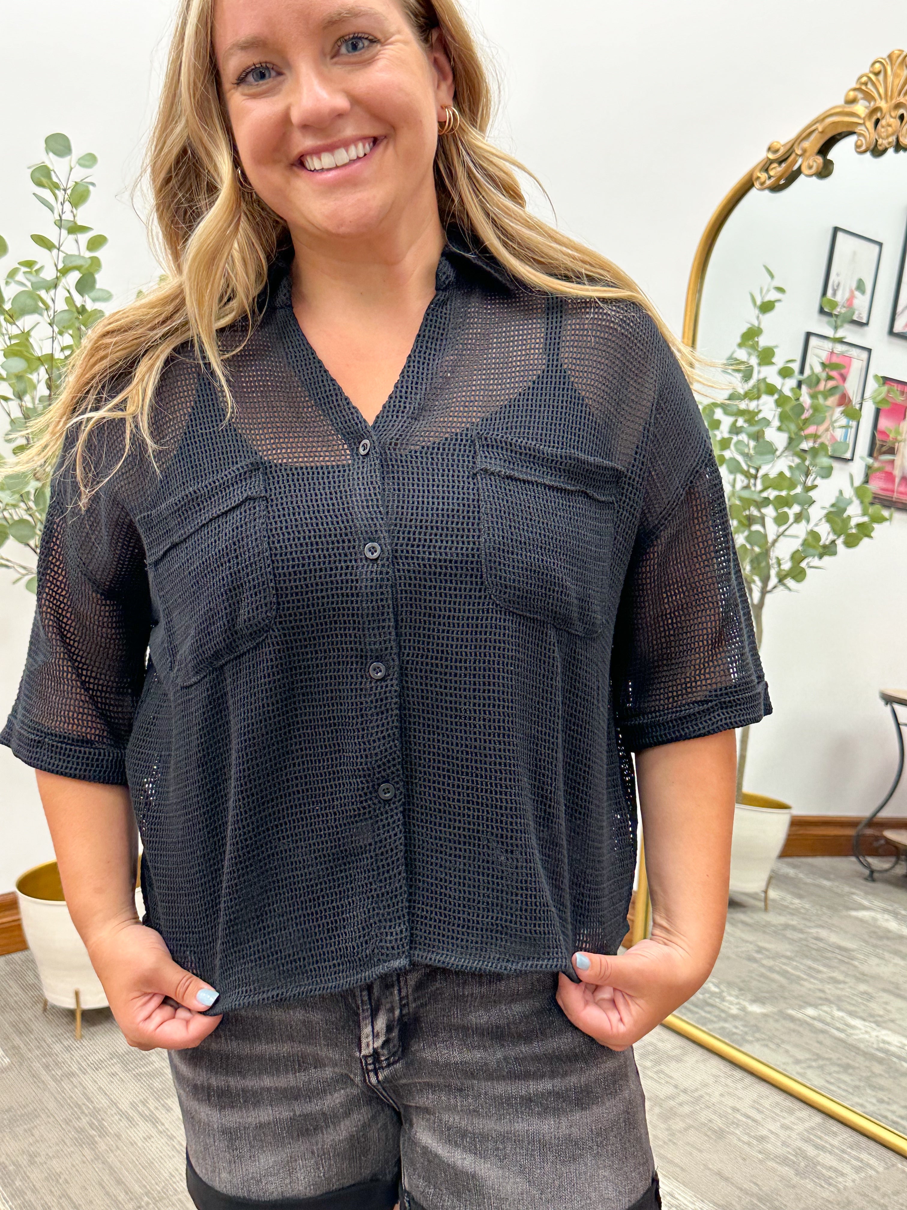 Madi Black Mesh Button Up Top