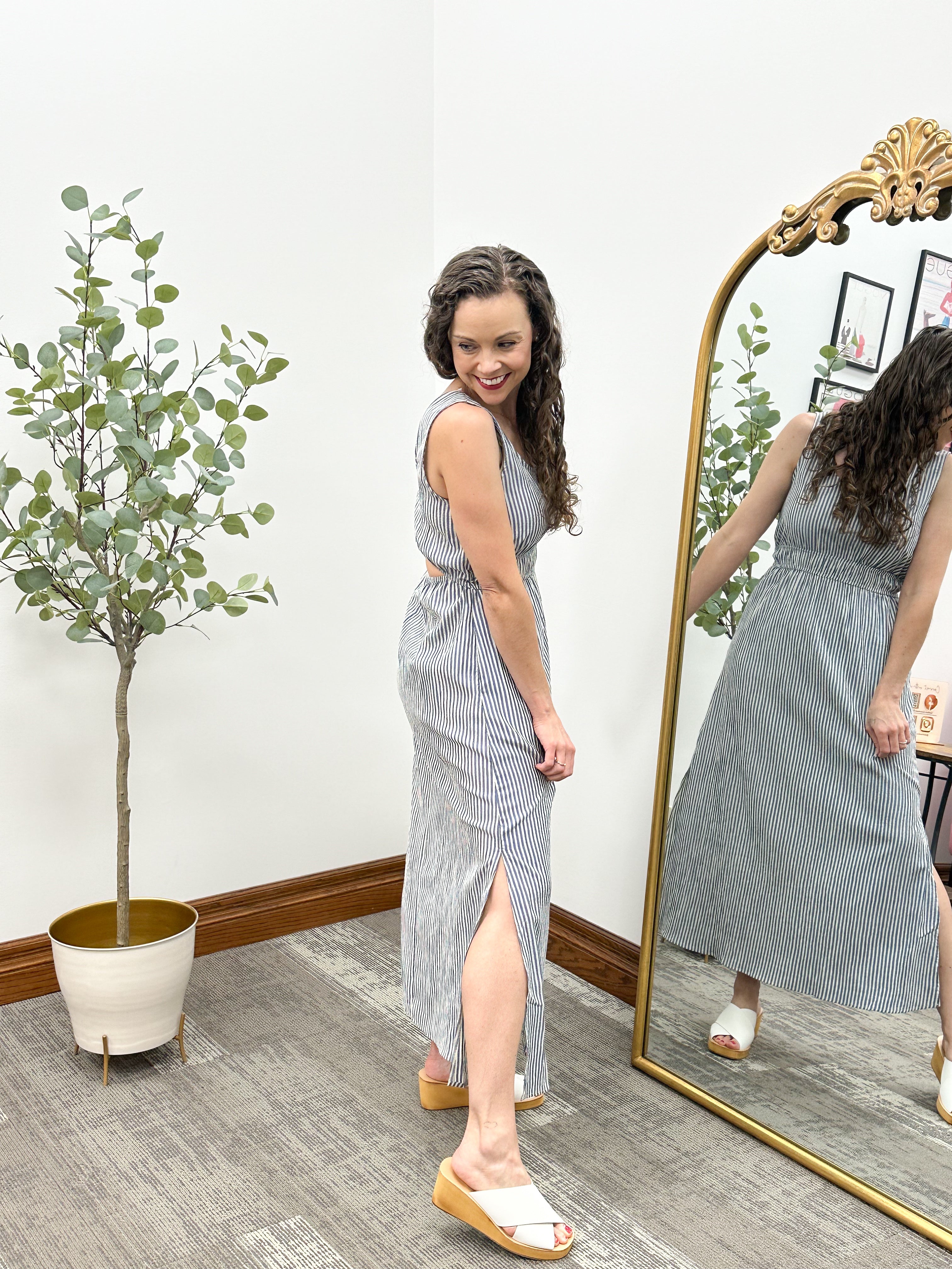 Striped Open Back Midi Dress
