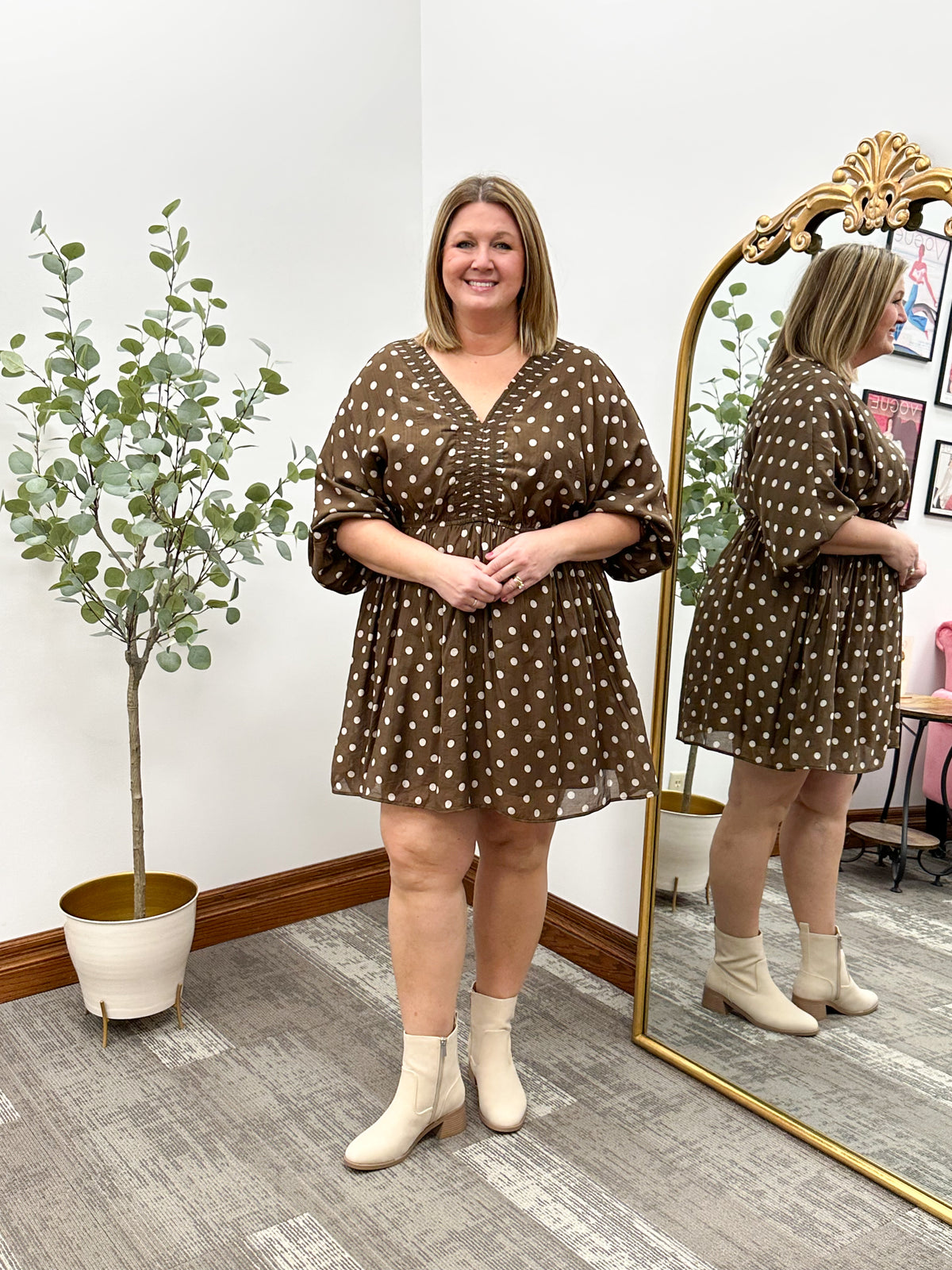Brown & Beige Polka Dot Mini Dress (S-3X)