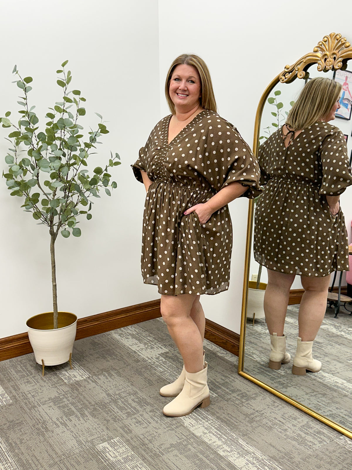 Brown & Beige Polka Dot Mini Dress (S-3X)