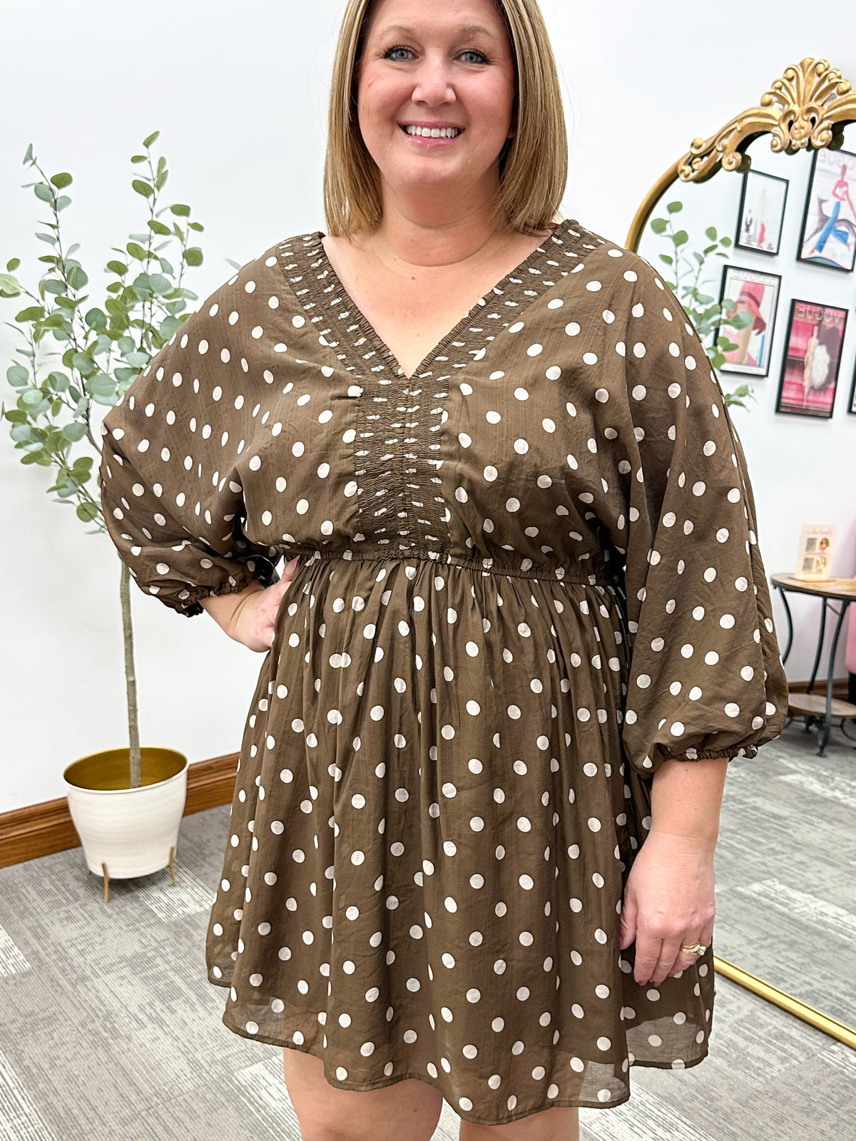 Brown & Beige Polka Dot Mini Dress (S-3X)