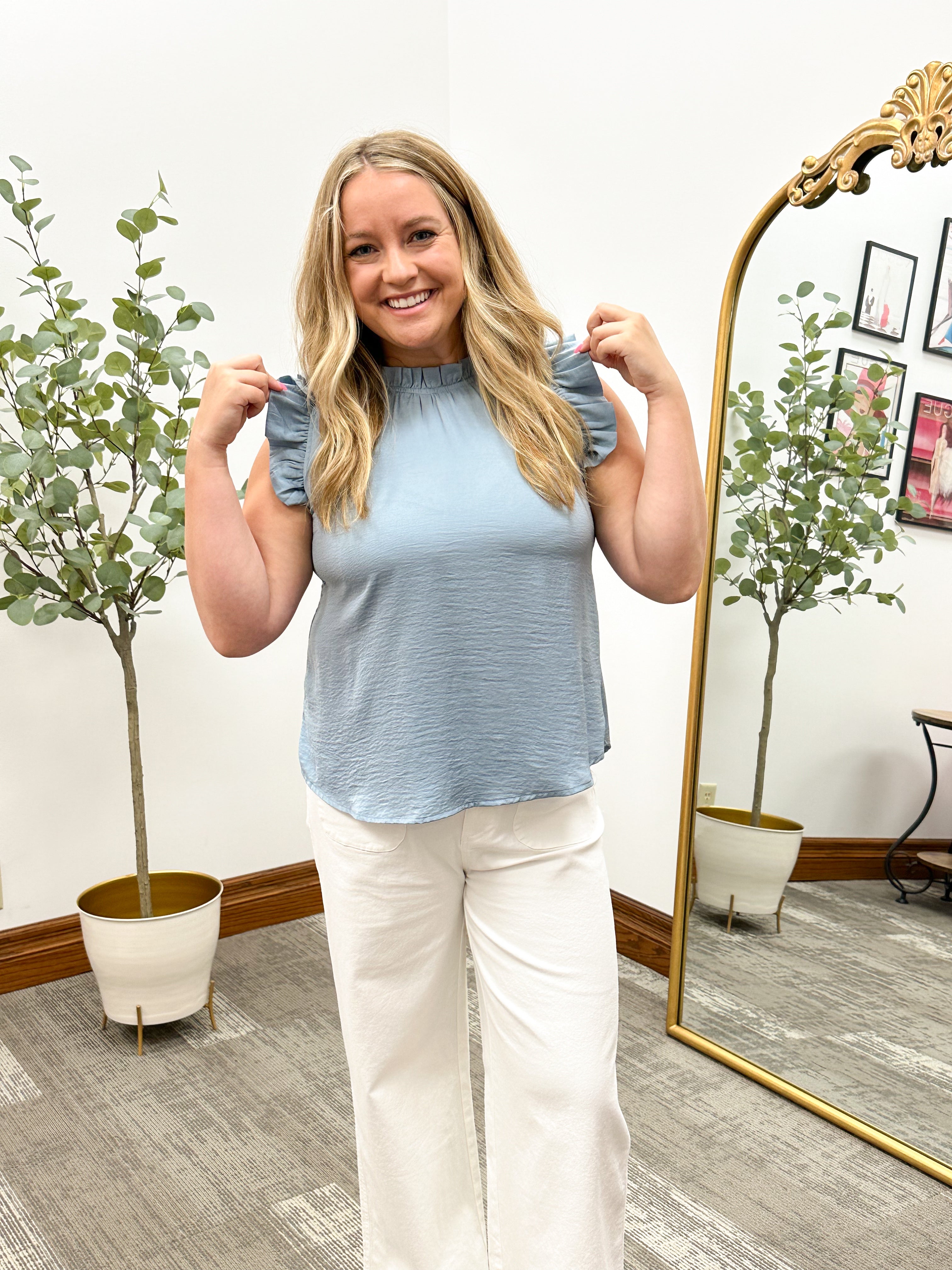 Lanie Blue Ruffle Trim Blouse