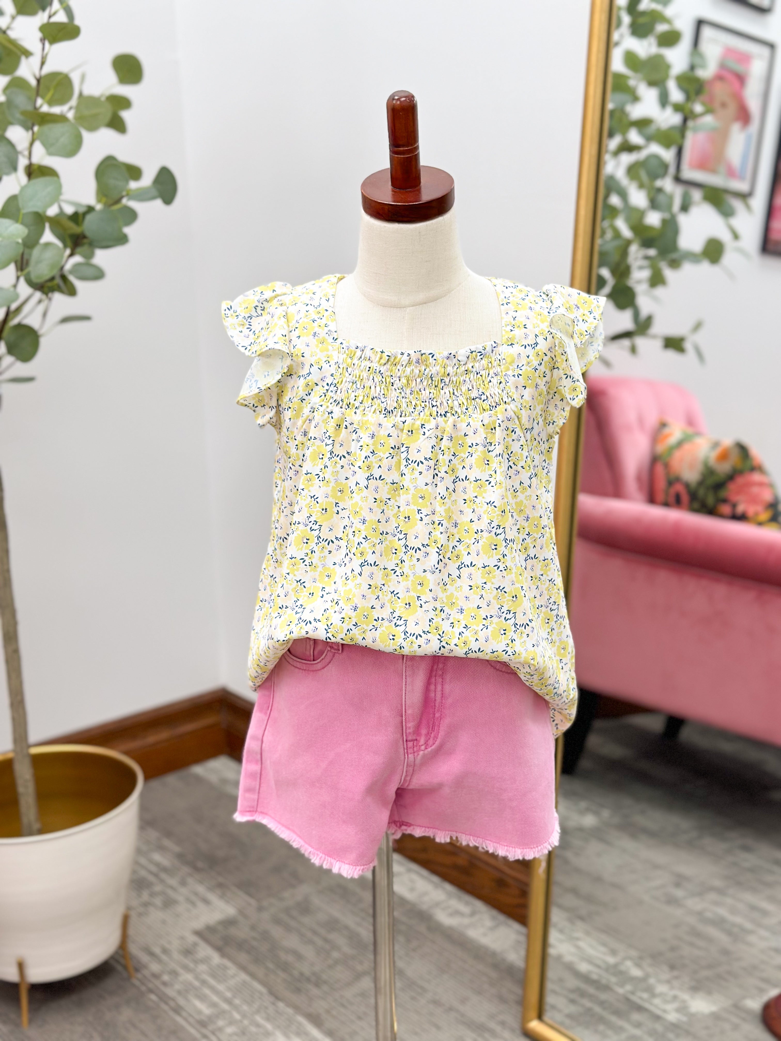 Girls Floral Print Flutter Sleeve Top