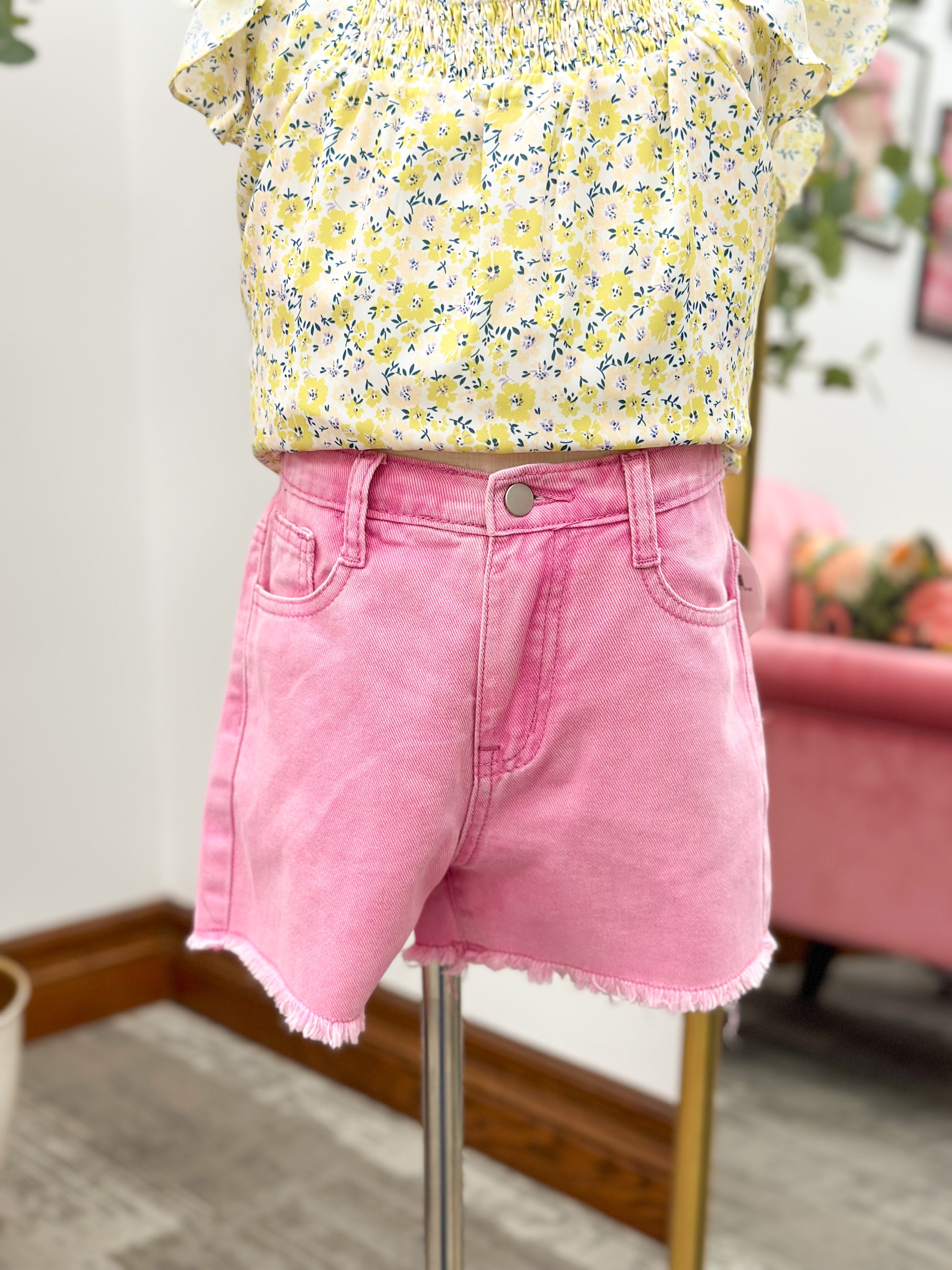 Girls Pink Washed Denim Shorts