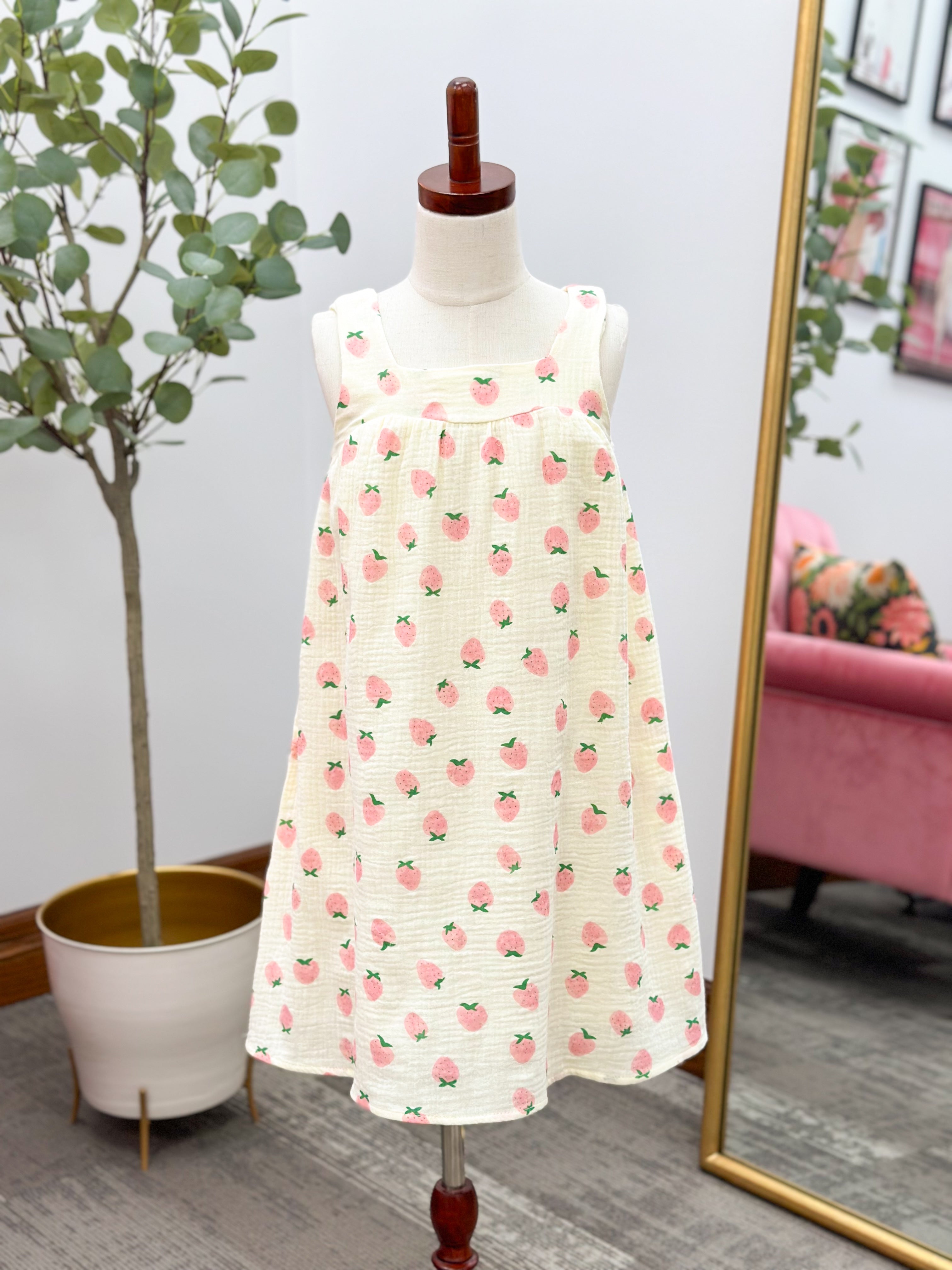 Girls Strawberry Print Muslin Dress