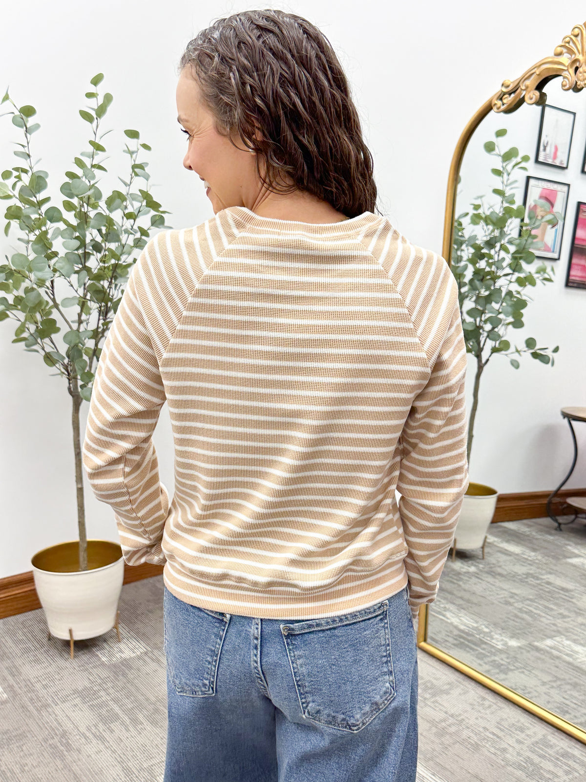 Beige & Cream Striped Waffle Knit Top