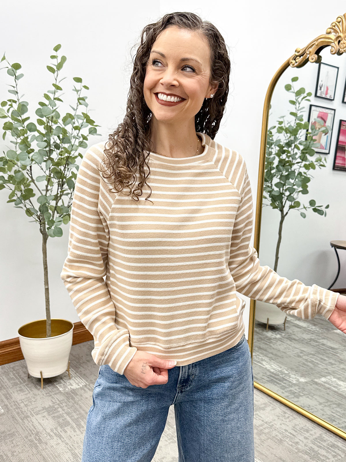 Beige & Cream Striped Waffle Knit Top