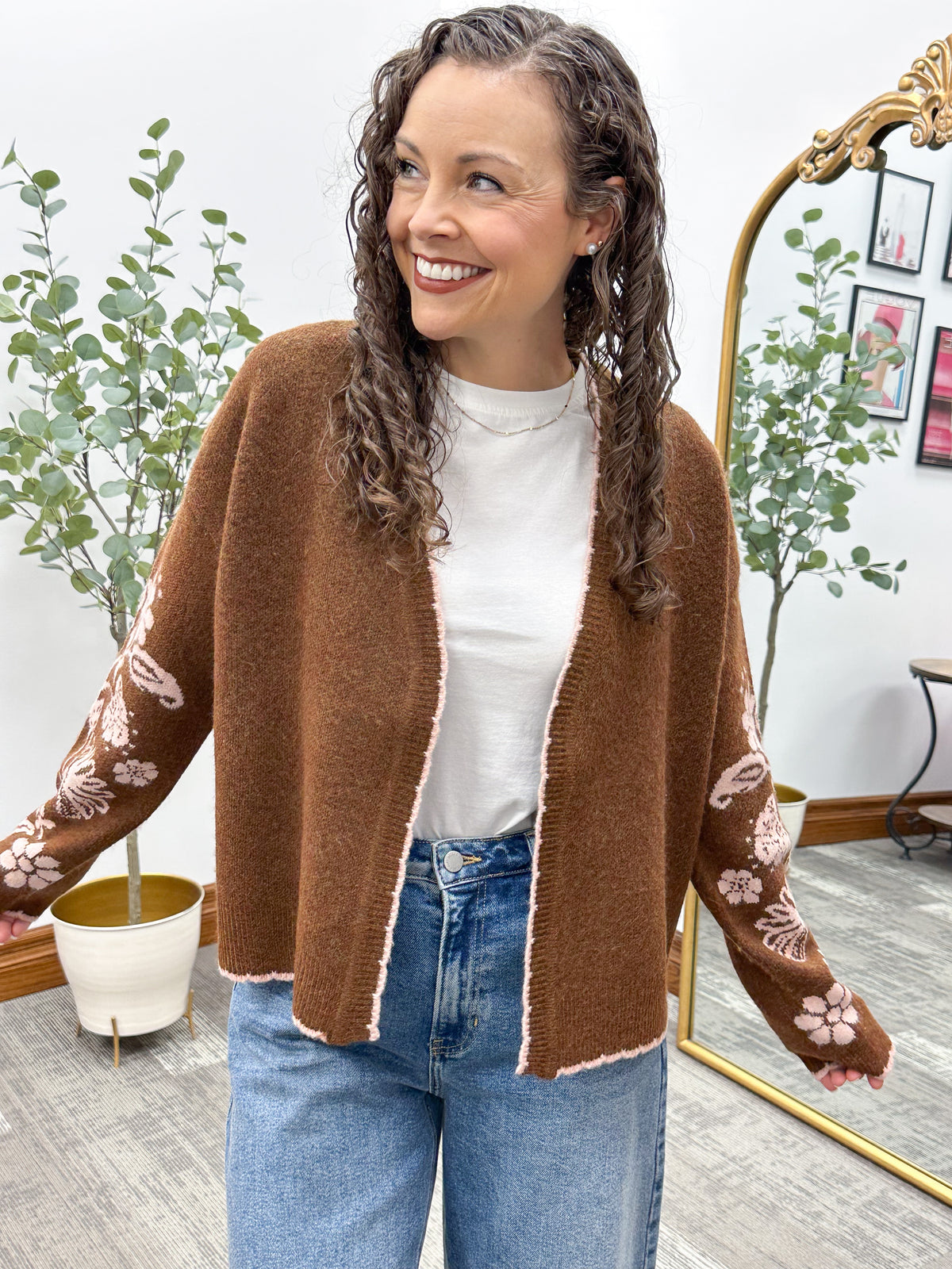 Brown Floral Sleeve Cardigan