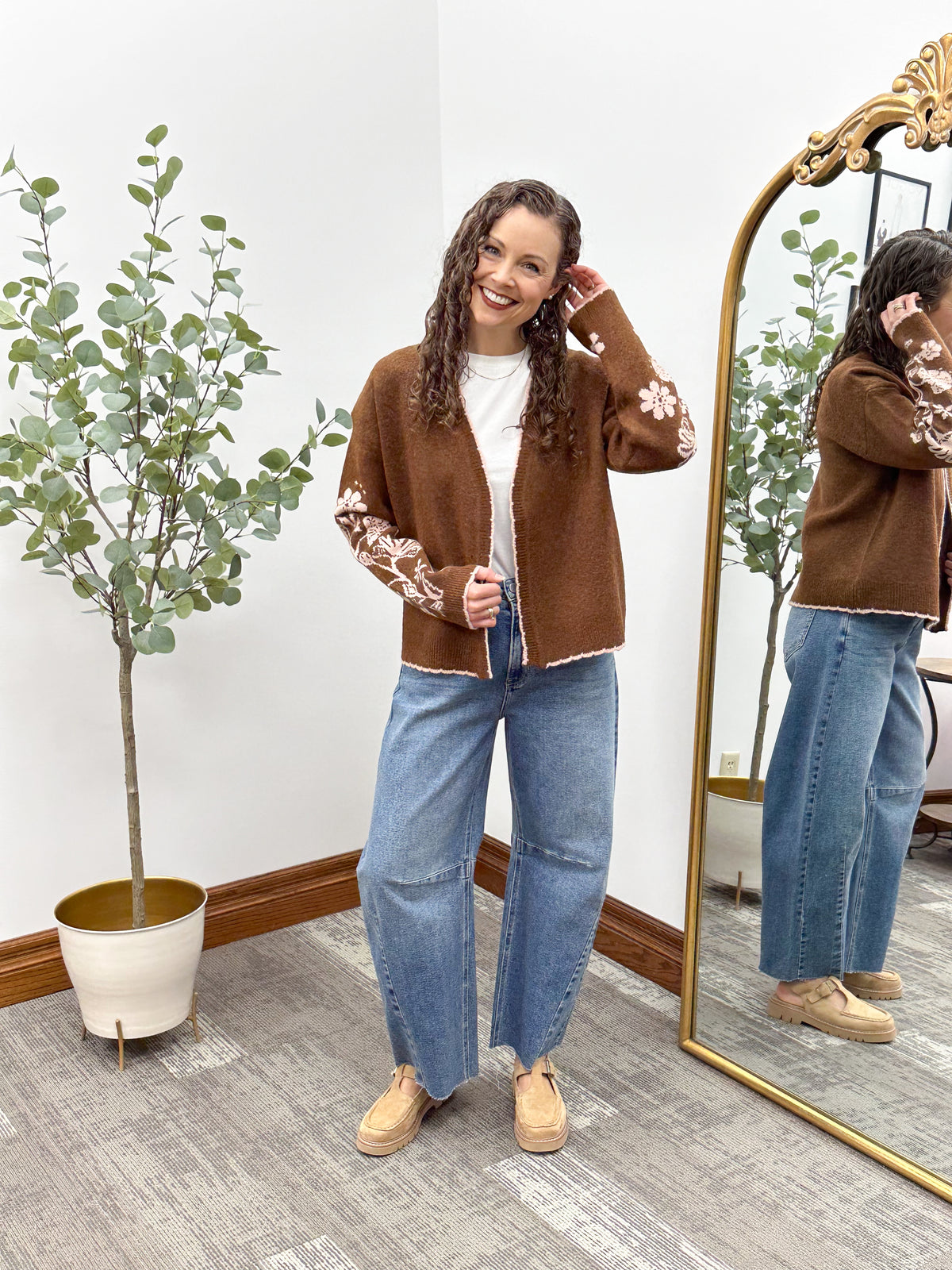 Brown Floral Sleeve Cardigan